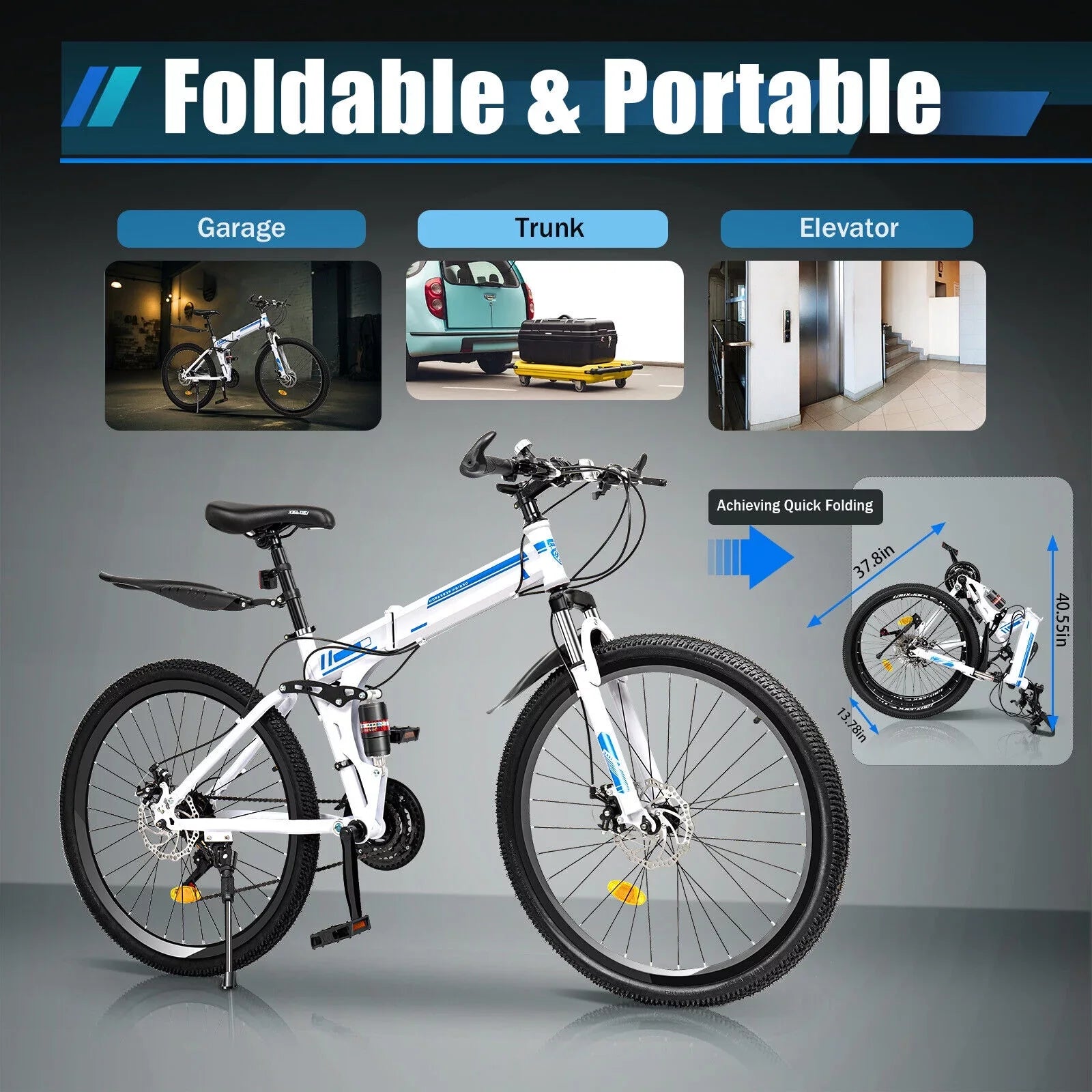 SHZICMY 26" Folding Mountain Bike 21 Speed Men Bikes MTB Bicycle School Dual Disc Brake