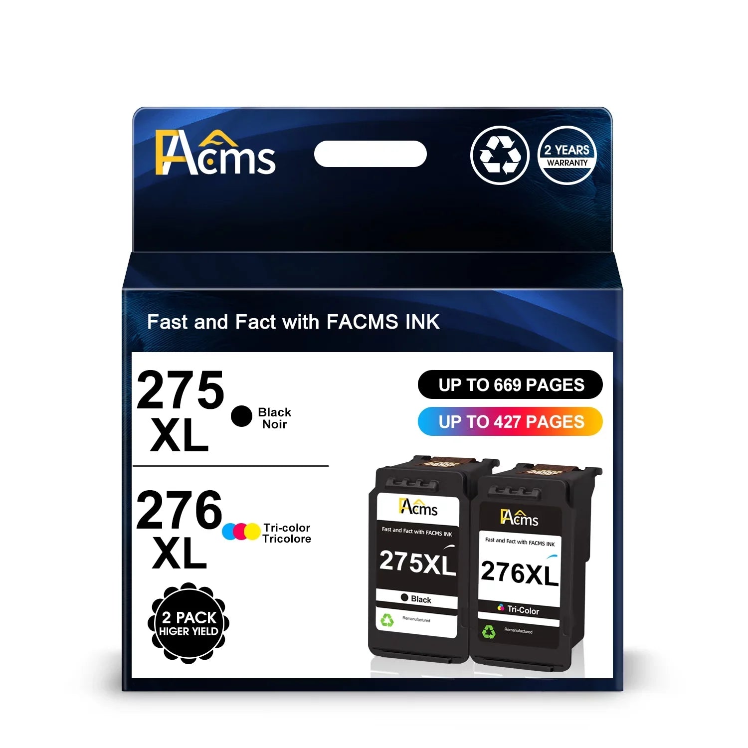 FACMS 275XL 276XL 275 Ink Replacement for Canon Printer Ink 275 276 Combo Pack PG-275 CL-276 Compatible with Canon PIXMA TR4720 TR4722 TS3522 TS3520 TS3500 Printer(1 Black,1 Tri-Color)