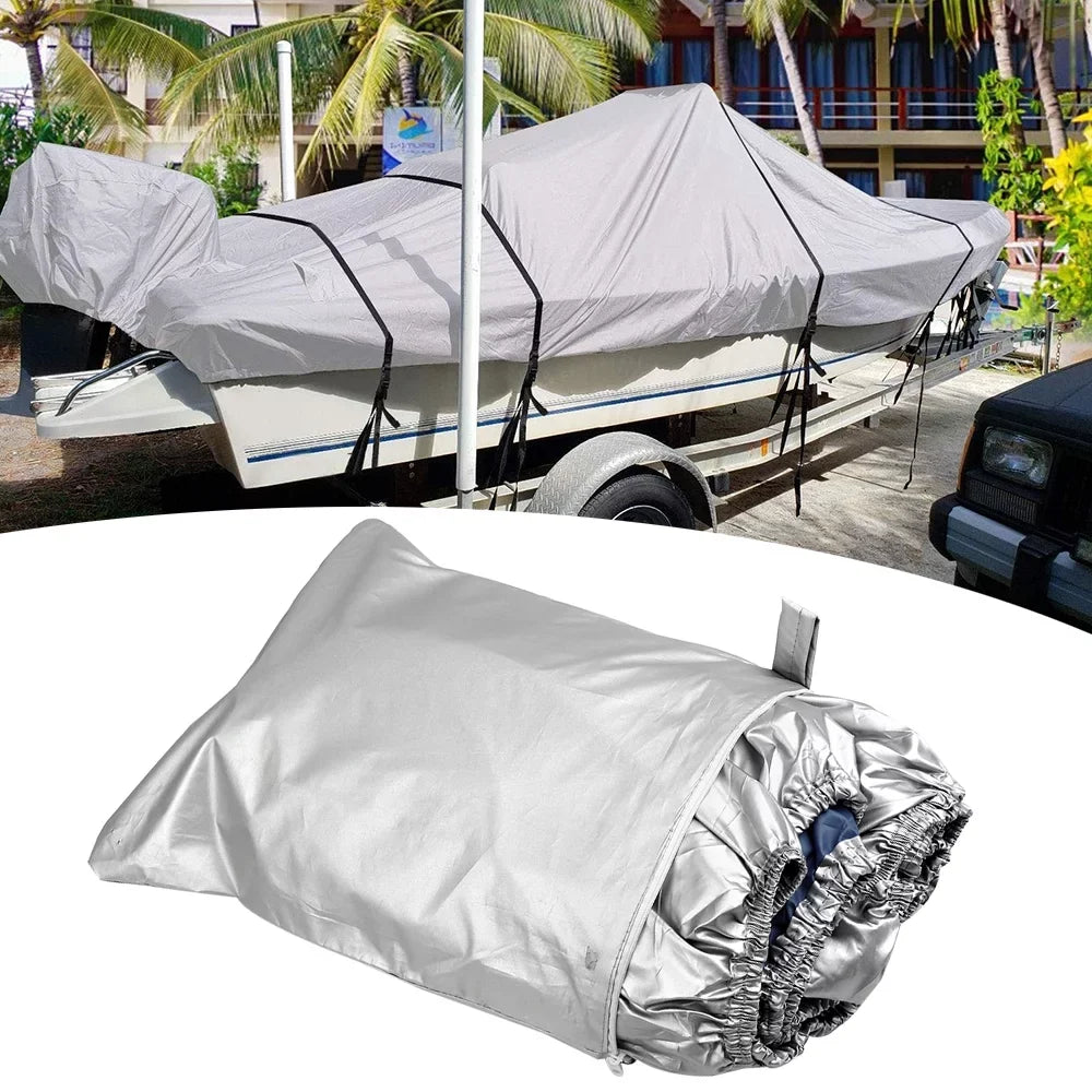Boat Cover Yacht Protection Waterproof Heavy Duty Silver Reflective 300D Oxford Fabric Anti-smashing Durable and Tear Proof Fits V-HULL TRI-HULL Runabouts and Bass Boats 11-13FT