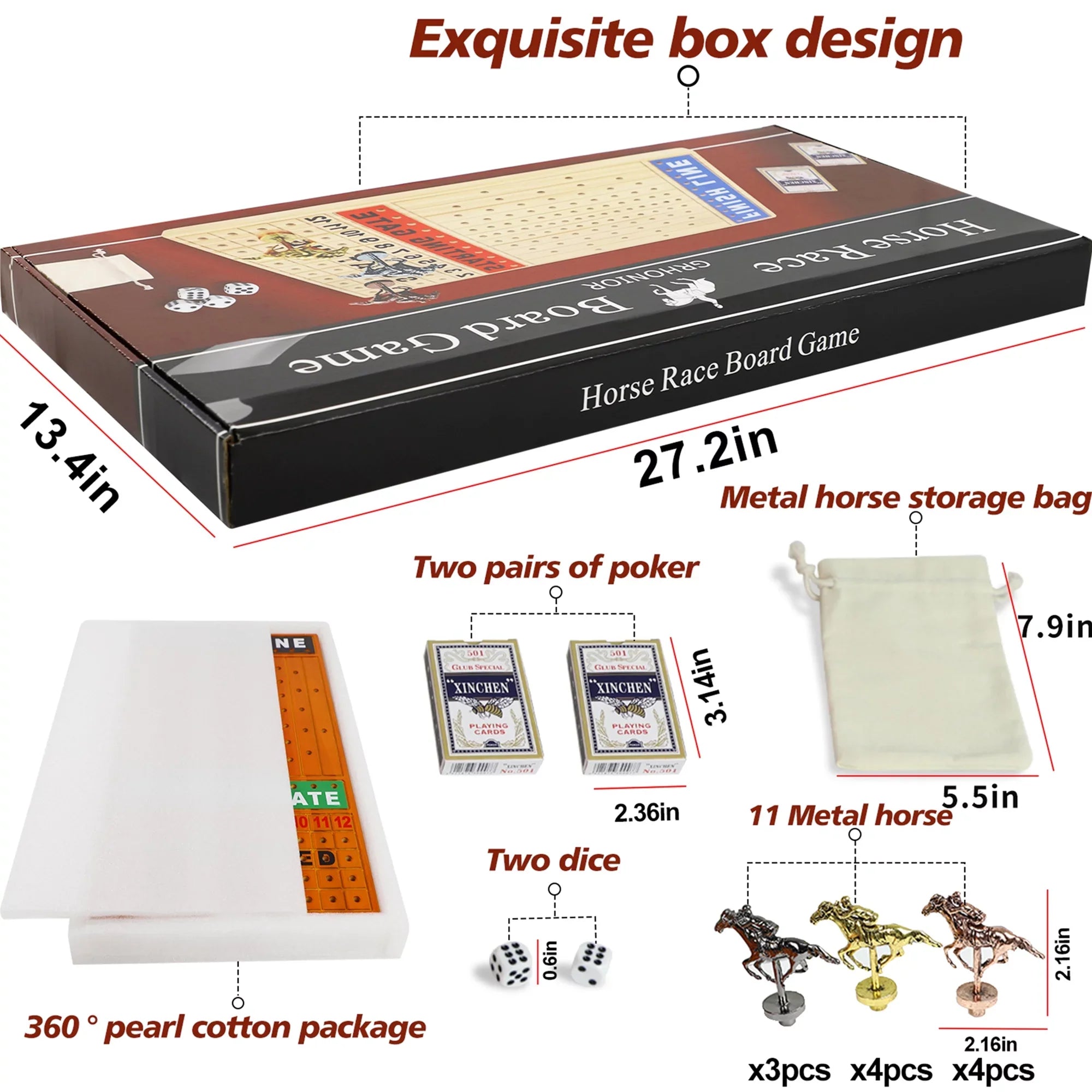 Horse Race Board Game Racing Game Thickened Pine with 11 Luxurious Durable Classic Metal Horses with 4 dice and 2 Boxes of Cards Across Finish Line Horse Racing Game