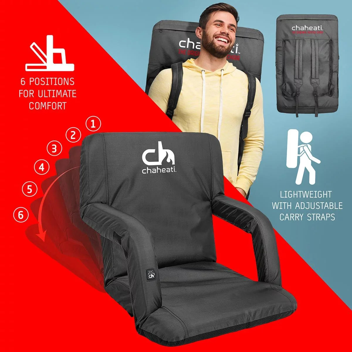 Chaheati 7 V Heated Folding Bleacher Seat in Black – Battery Heated Chair For Camping, Sports, And Outdoor Activities