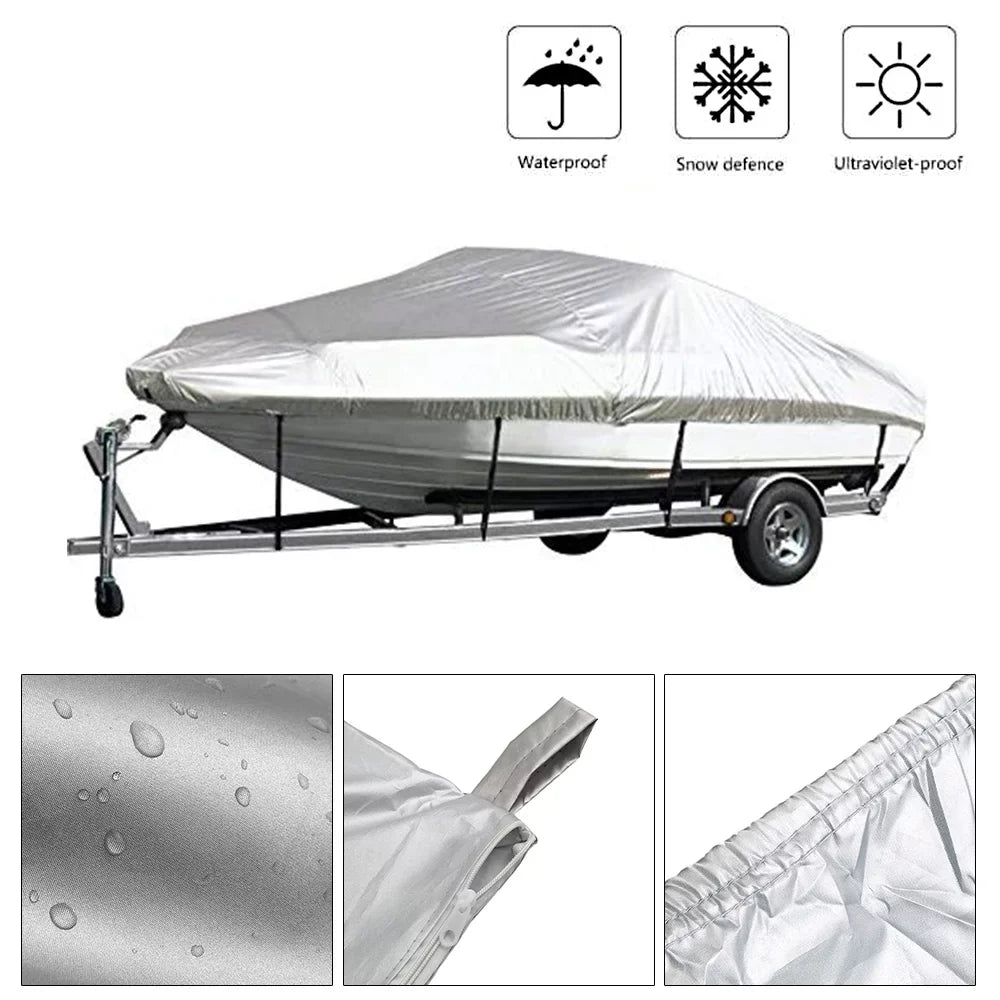 Boat Cover Yacht Protection Waterproof Heavy Duty Silver Reflective 300D Oxford Fabric Anti-smashing Durable and Tear Proof Fits V-HULL TRI-HULL Runabouts and Bass Boats 11-13FT