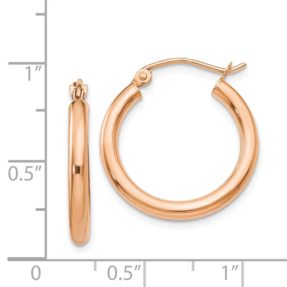 Real 14kt Rose Gold Polished 2.5mm Lightweight Tube Hoop Earrings; for Adults and Teens; for Women and Men
