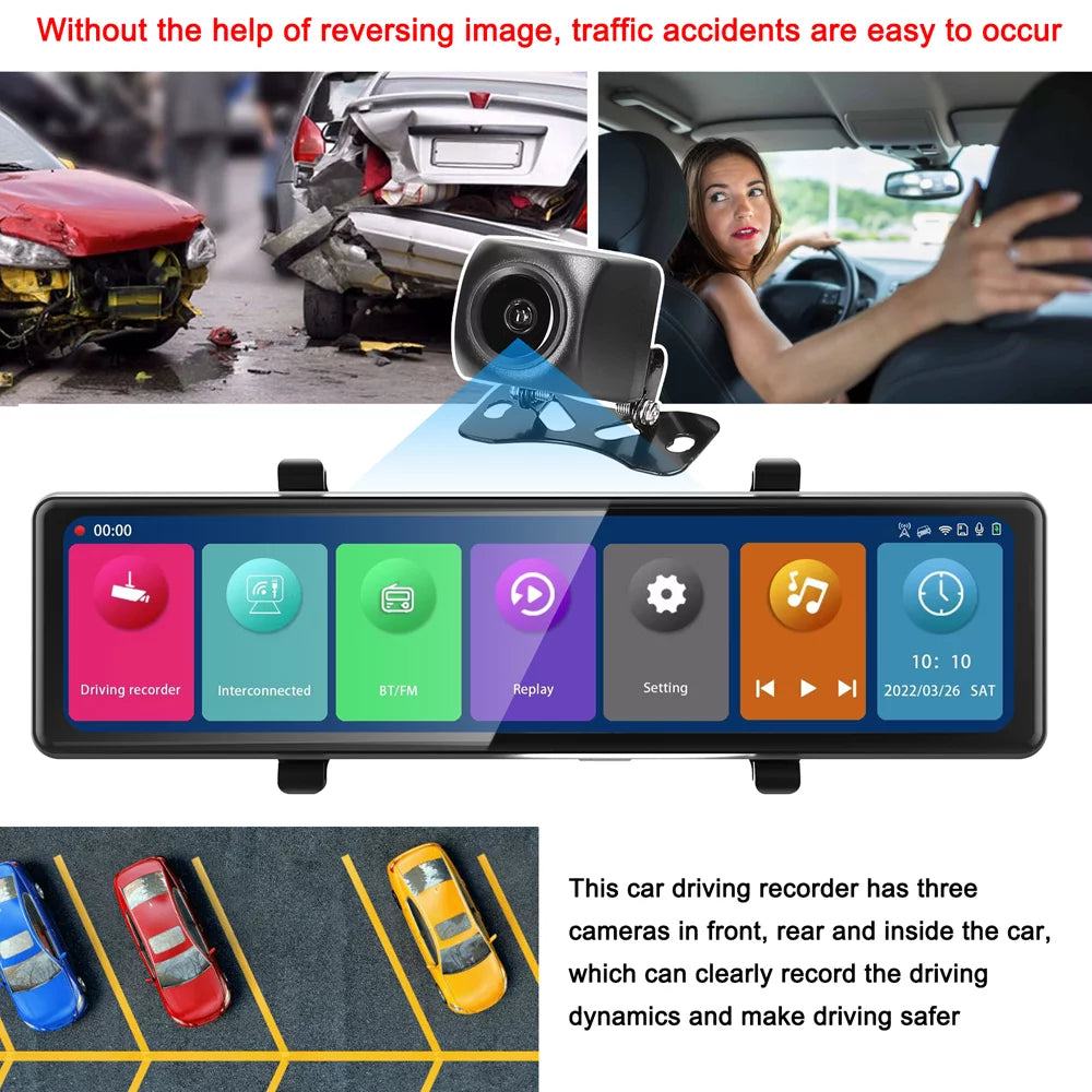 Pinnaco 3 Cameras Dash Cam 2.5K Clear Car Rearview Mirror BT Car Video Recording Camcorder Touched Screen Car Camera Recorder Auto Driving Recorder for Enhanced Safety