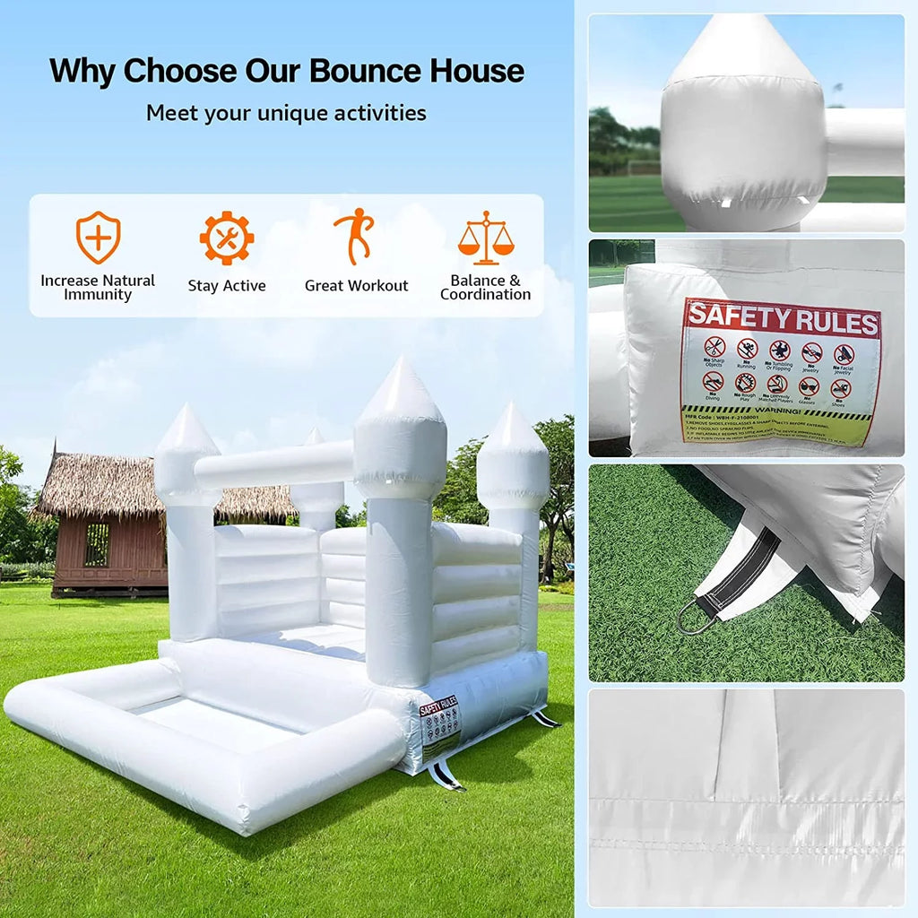Connsann White Bounce House Commericial Grade PVC Jump Castle with Blower & Ball Pit for Kids Outdoor Indoor Party