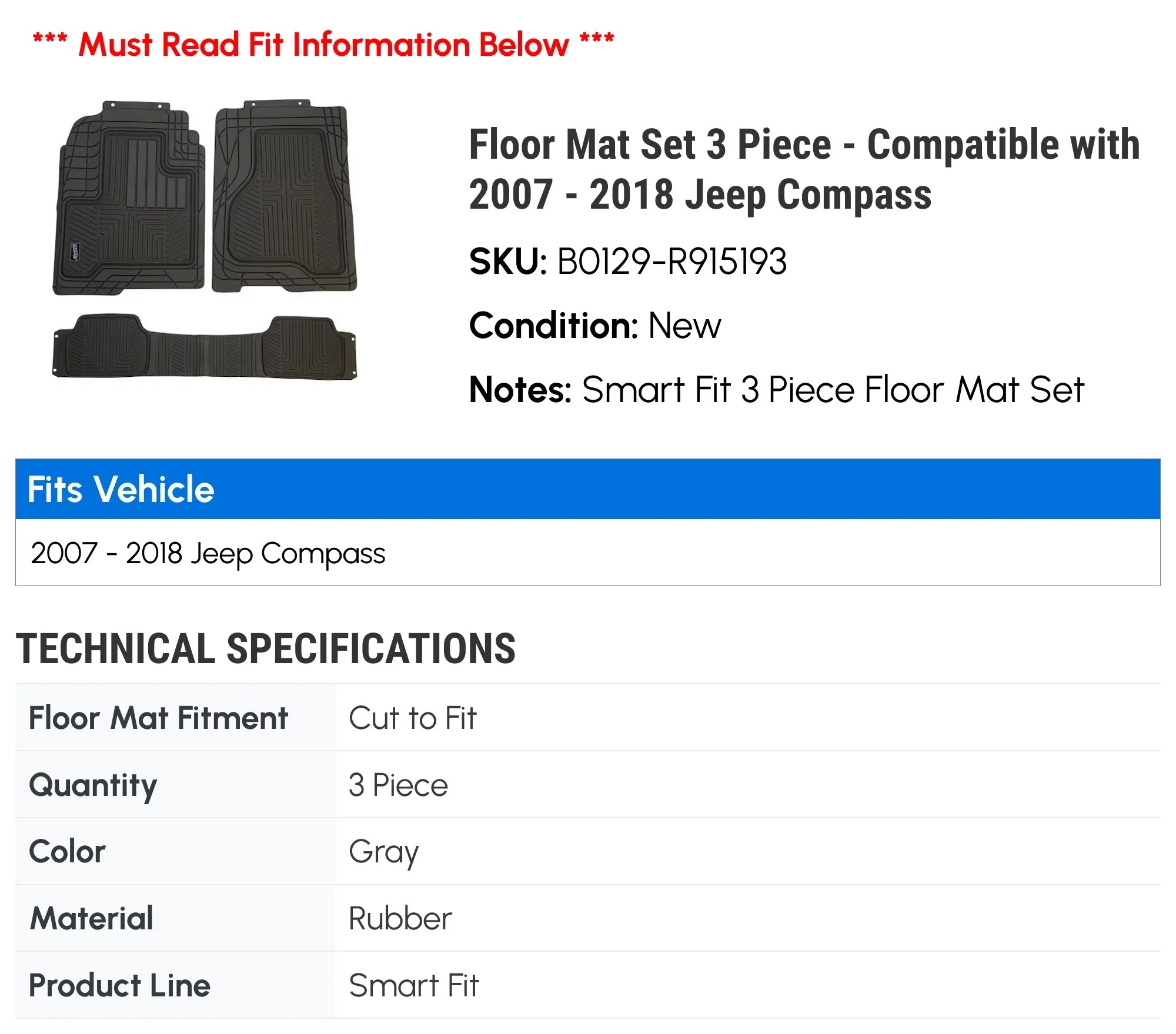 Floor Mat Set 3 Piece - Compatible with 2007 - 2018 Jeep Compass 2008 2009 2010 2011 2012 2013 2014 2015 2016 2017