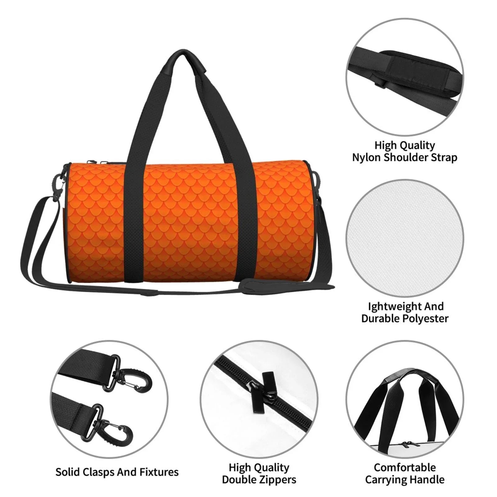 Coaee Orange Scales Large Capacity Travel Luggage Bag Cylinder Gym Bag Waterproof Sports Bag with Pocket and Compartment