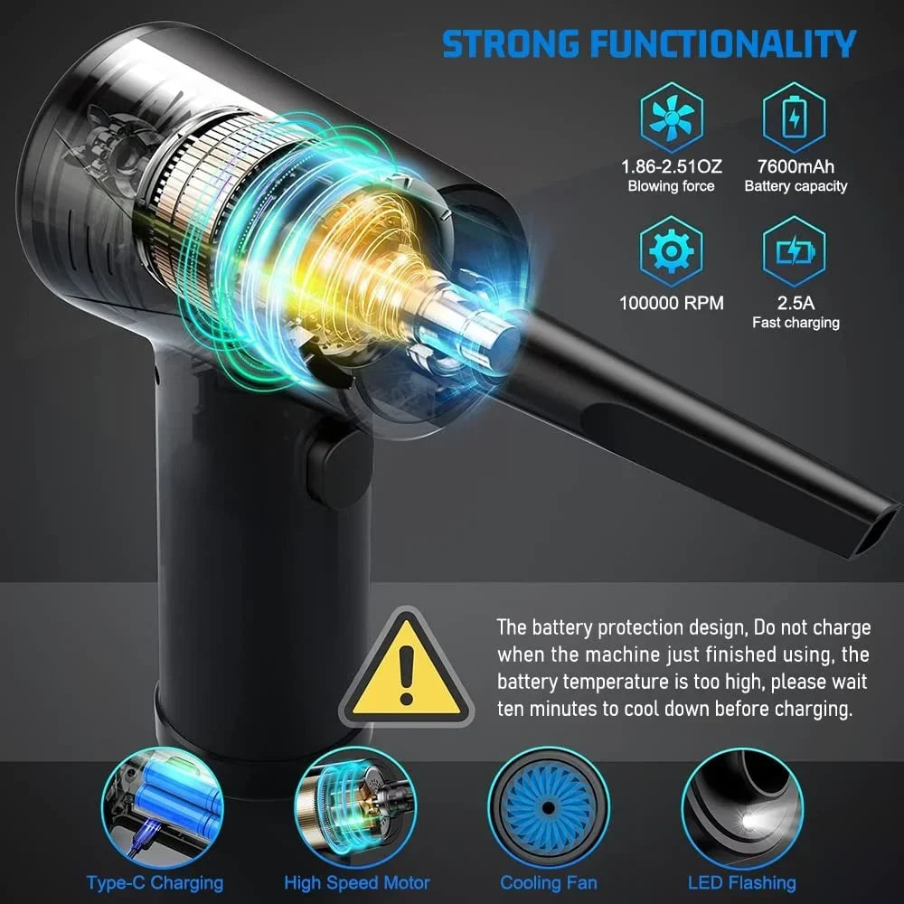 Compressed Air Duster 100000RPM Electric Air Duster, Rechargeable Cordless 7600mAh 3 Gears Adjustment, Keyboard & Computer Cleaner for Office, Reusable Good Replacement for Compressed Air Cans