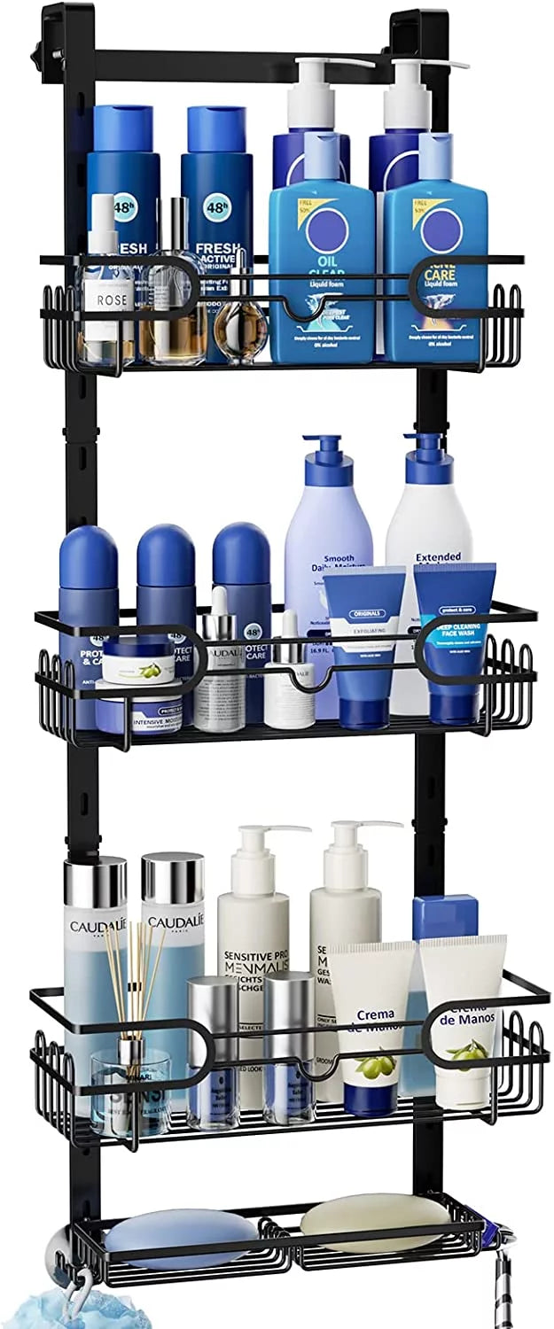 Consumest 4 Tier Over The Door Shower Caddy Shelf with Soap Holder, Adjustable Hanging Shower Organizer with 4 Hooks & 2 Suction Cups, Rustproof Stainless Steel Hanging Shower Caddy for Bathroom
