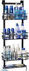 Consumest 4 Tier Over The Door Shower Caddy Shelf with Soap Holder, Adjustable Hanging Shower Organizer with 4 Hooks & 2 Suction Cups, Rustproof Stainless Steel Hanging Shower Caddy for Bathroom