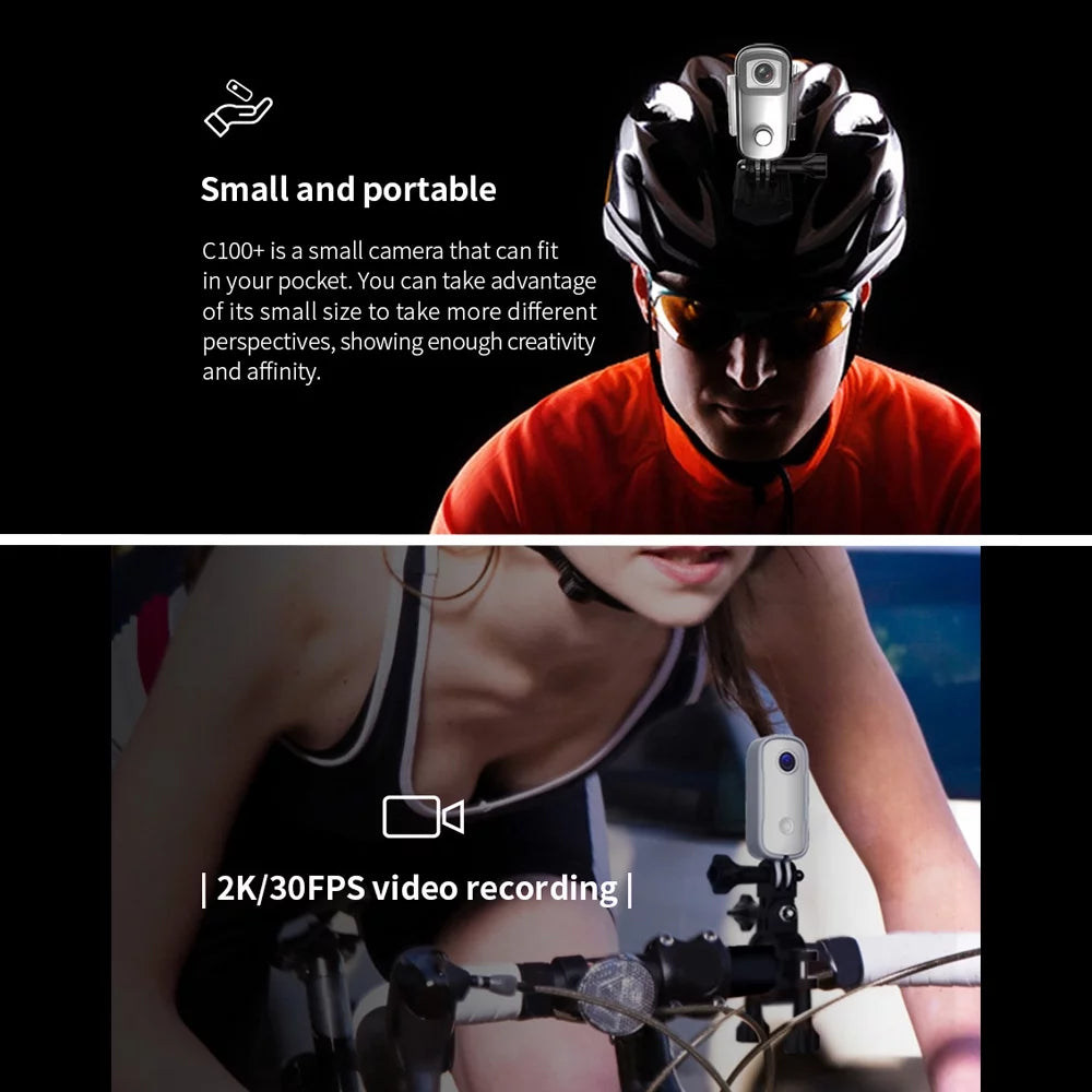 SJCAM C100+ Mini Action Camera 2K 30fps Video Digital Camera 30M Waterproof Magnetic Body Built-in Rechrageable Battery WiFi Connection APP Sharing with Waterproof Case Back Clip Lanyard