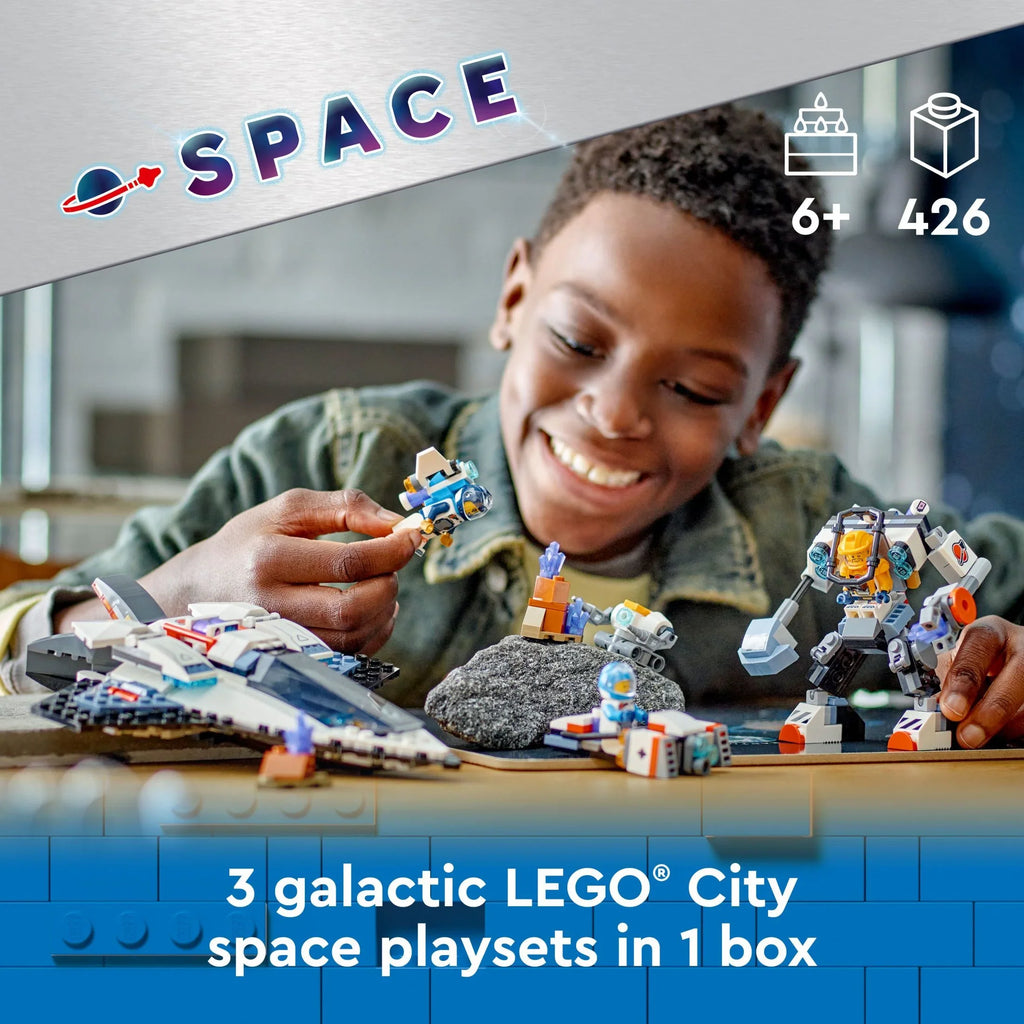 LEGO City Space Explorers Pack, Kids’ Space Toy Playset Bundle for Boys and Girls Aged 6 and Up, 3 Building Sets in 1 Box, Space Gift Mech Toy, Interstellar Spaceship, Hoverbike, 3 Minifigures, 60441