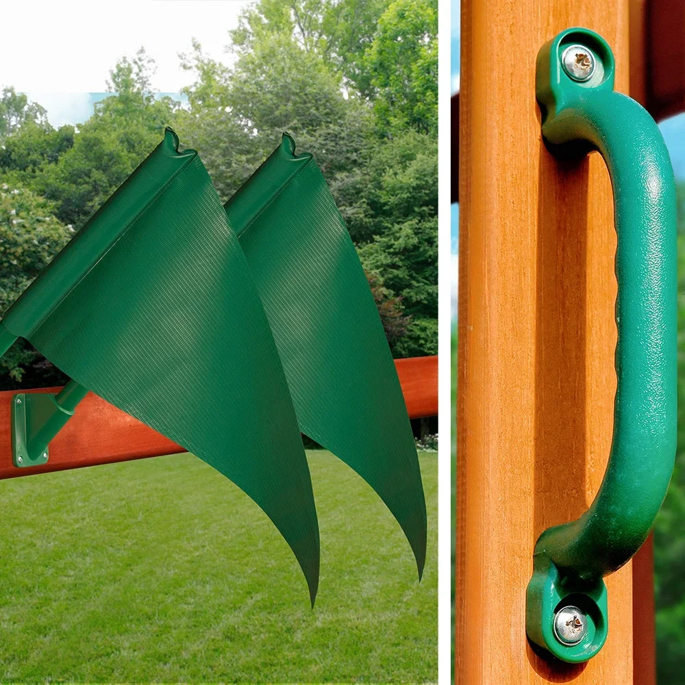 Gorilla Playsets Navigator Wooden Swing Set with Green Vinyl Canopy, Monkey Bars, and Rock Climbing Wall