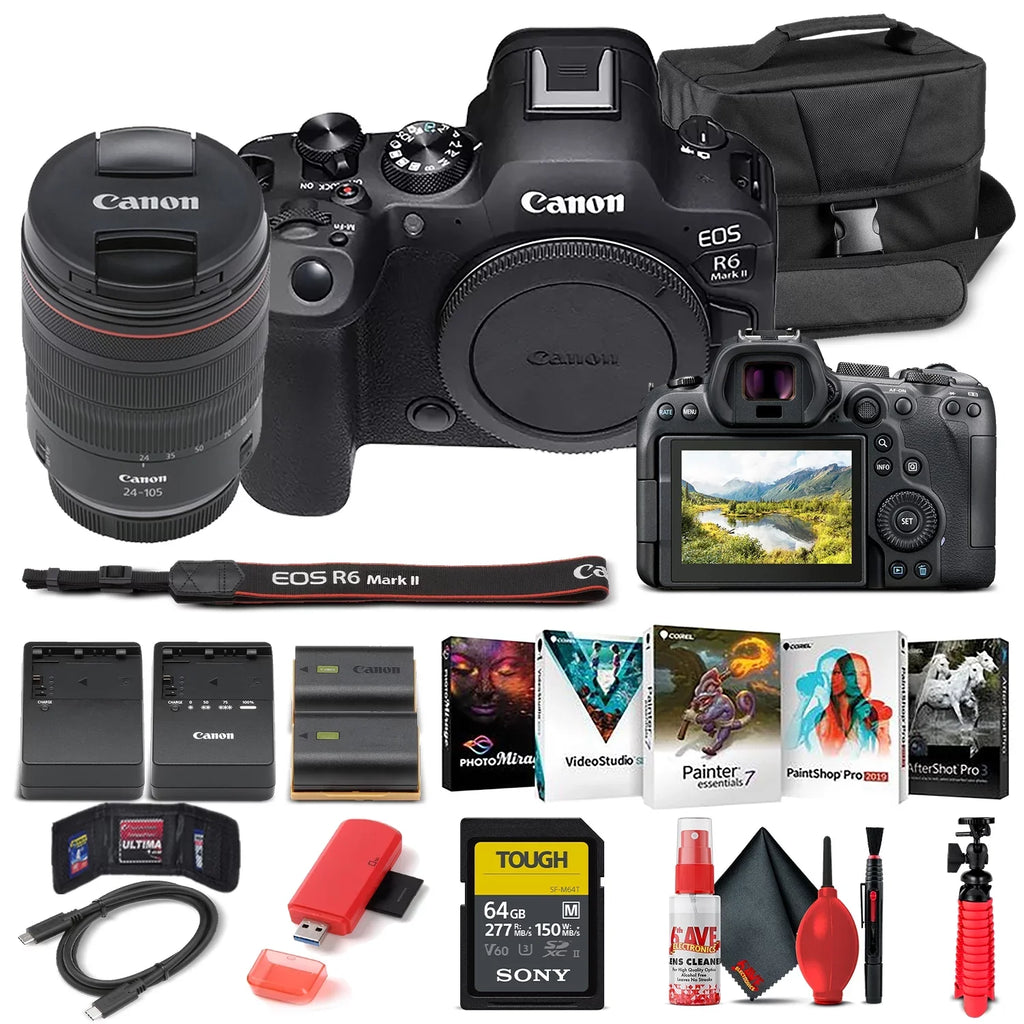 Canon EOS R6 Mark II Mirrorless Camera with 24-105mm f/4 Lens (5666C011) + 64GB Memory Card + Case + Corel Photo Software + LPE6 Battery + External Charger + Card Reader + More