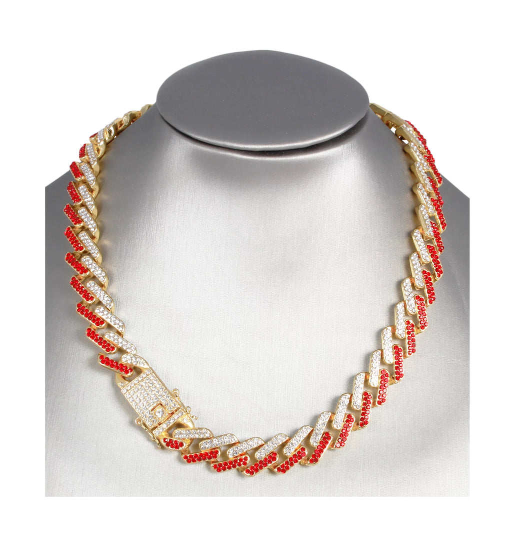 Charles Raymond Ice on Blast! Blinged Out Hip Hop Rolly Looks with Iced Out Wristwatch Trim and Band with Matching Zig Zag Bling'ed Out Necklace Sets - ZZ Necklace Sets - Gold - Red