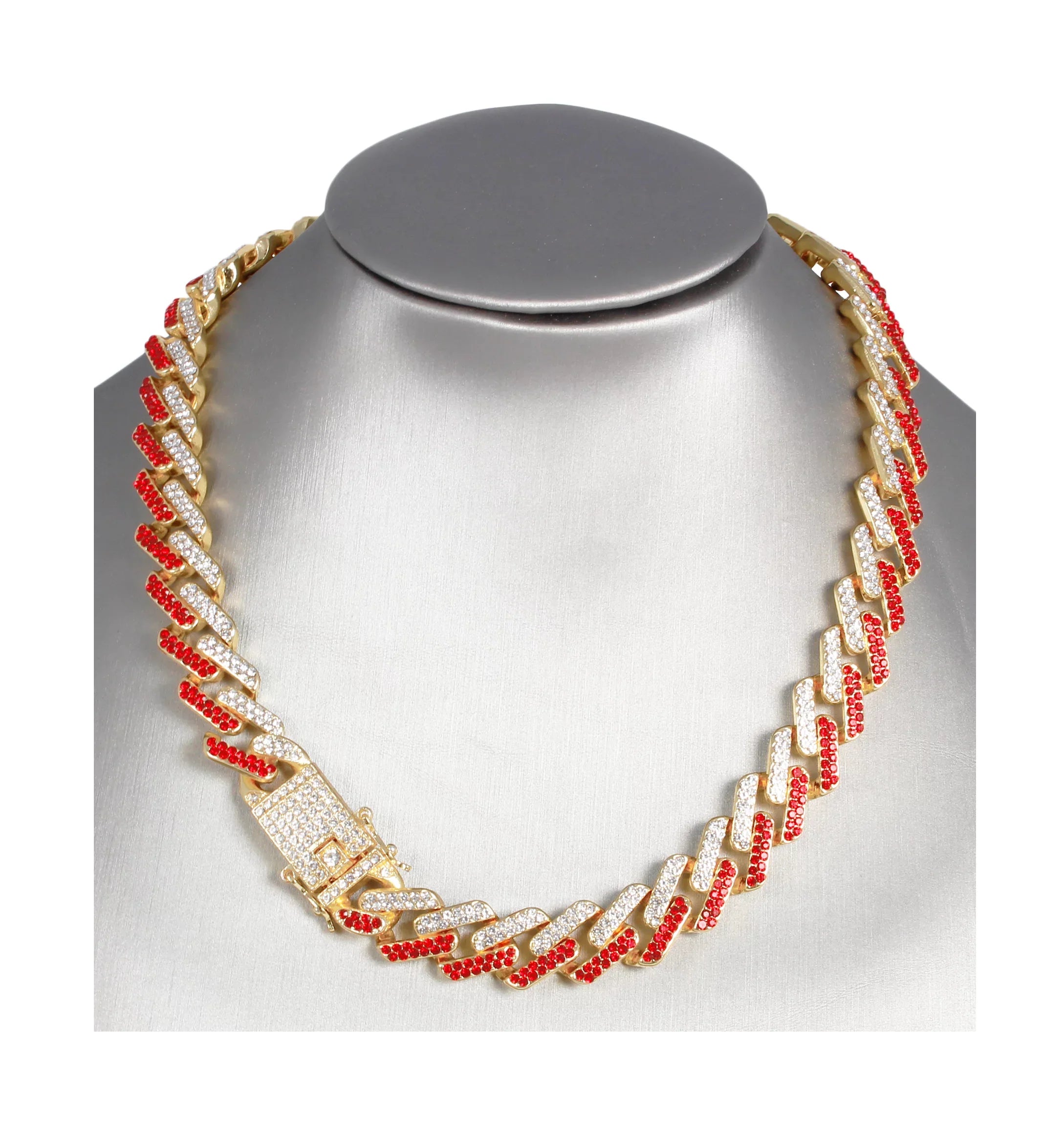 Charles Raymond Ice on Blast! Blinged Out Hip Hop Rolly Looks with Iced Out Wristwatch Trim and Band with Matching Zig Zag Bling'ed Out Necklace Sets - ZZ Necklace Sets - Gold - Red