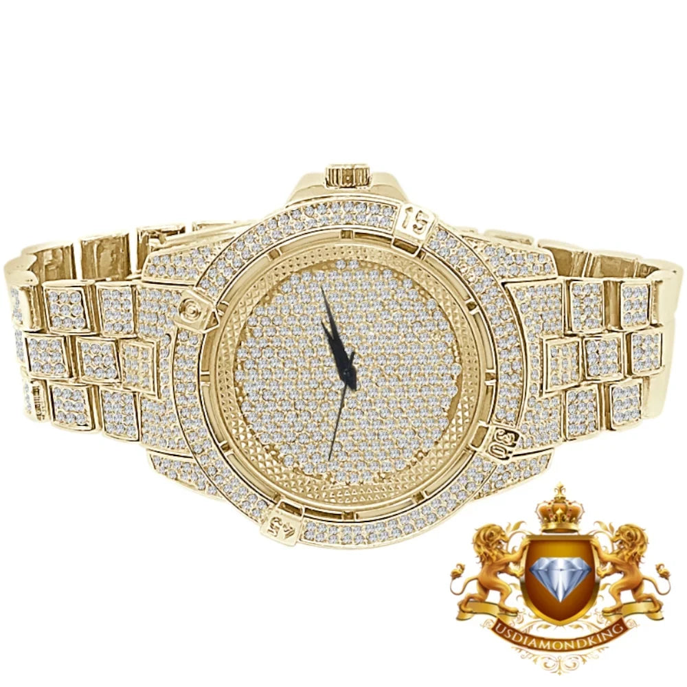 Men's Fully Bling Yellow Gold Finish Techno Pave Simulated Crystal Diamond Watch