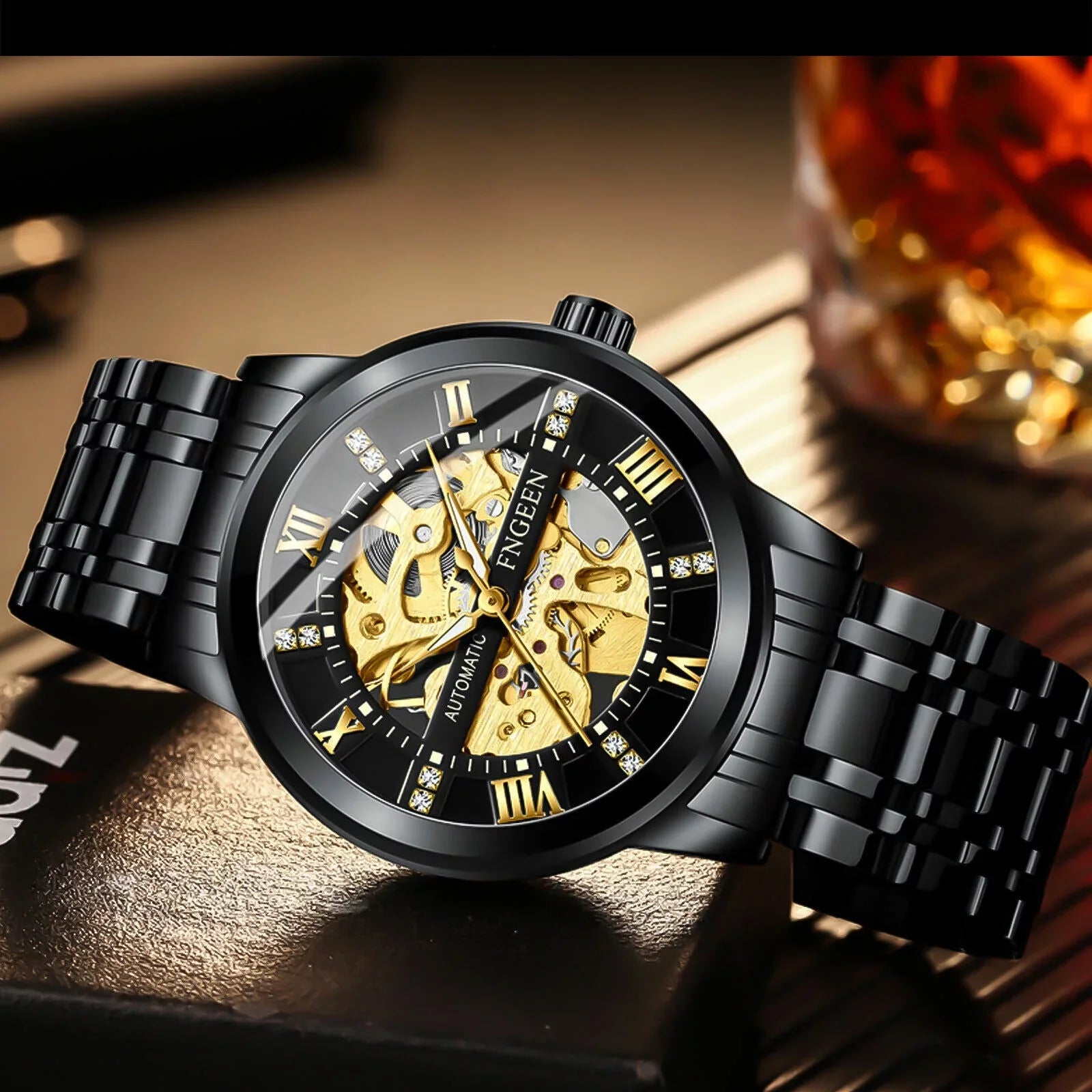 FNGEEN Men's Automatic Mechanical Stainless Steel Retro Luxury Hollow Dial Watch
