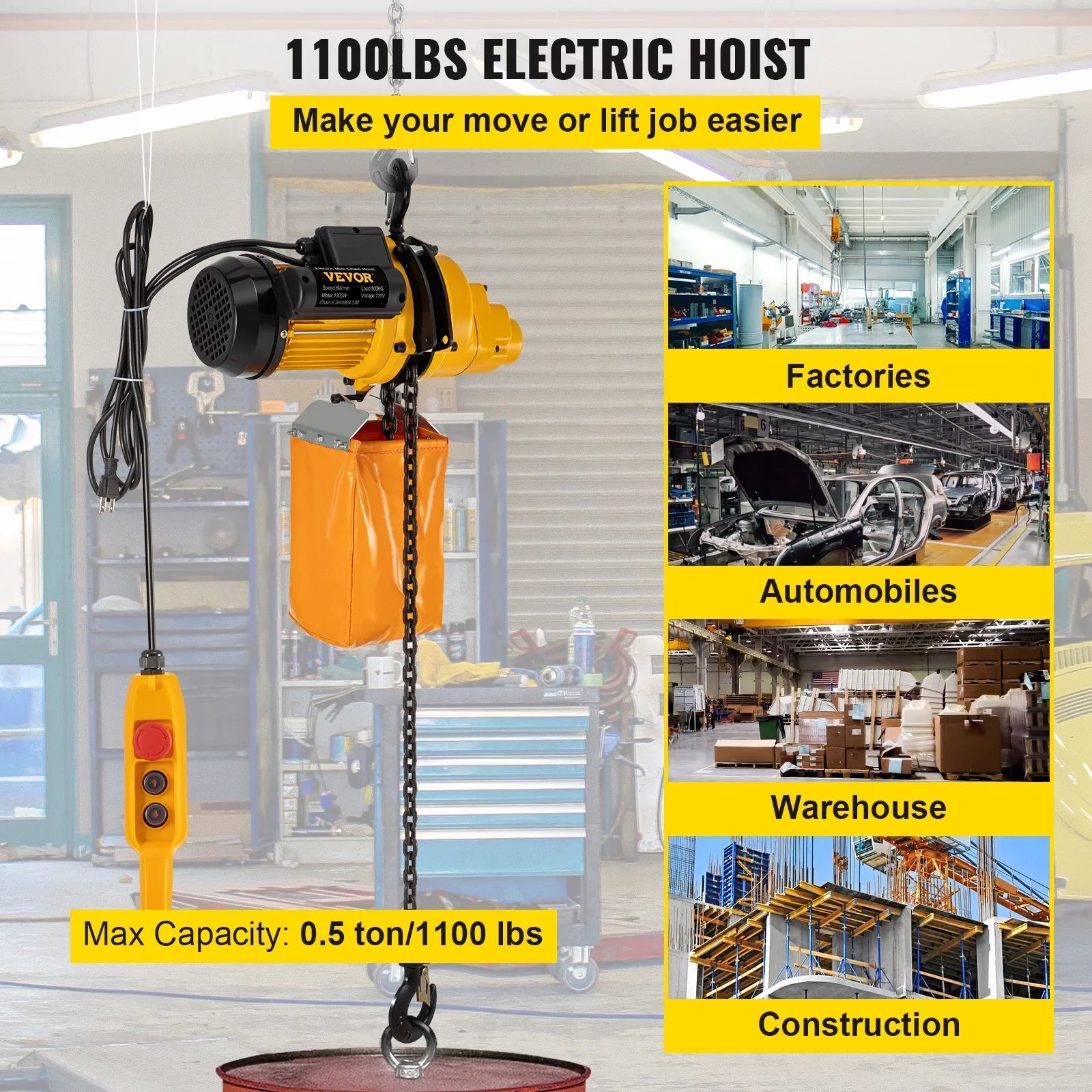 VEVOR Lift Electric Hoist, 1100 lbs Electric Winch w/ 10ft Wired Remote Control, 110V Overhead Crane Garage Ceiling Pulley Winch of 14.8ft Lift Height, Pre-owned In Factories, Warehouses, Construction