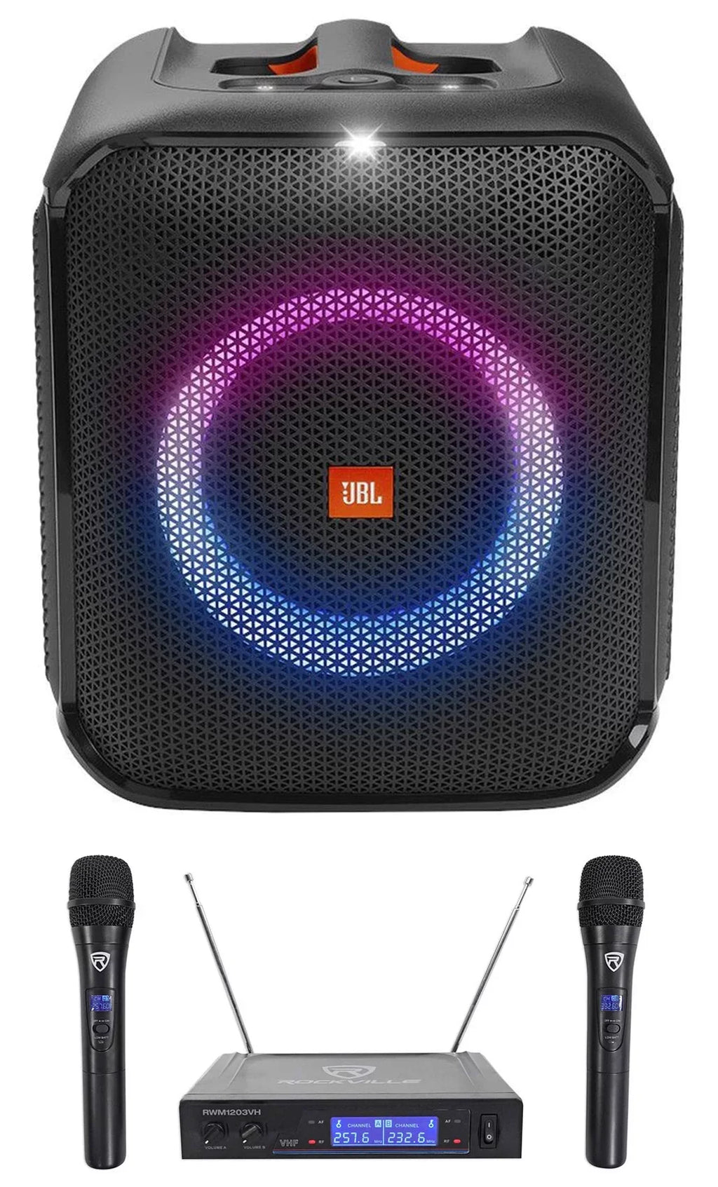 JBL Partybox Encore Essential Portable Compact Party Speaker w LED+Wireless Mics