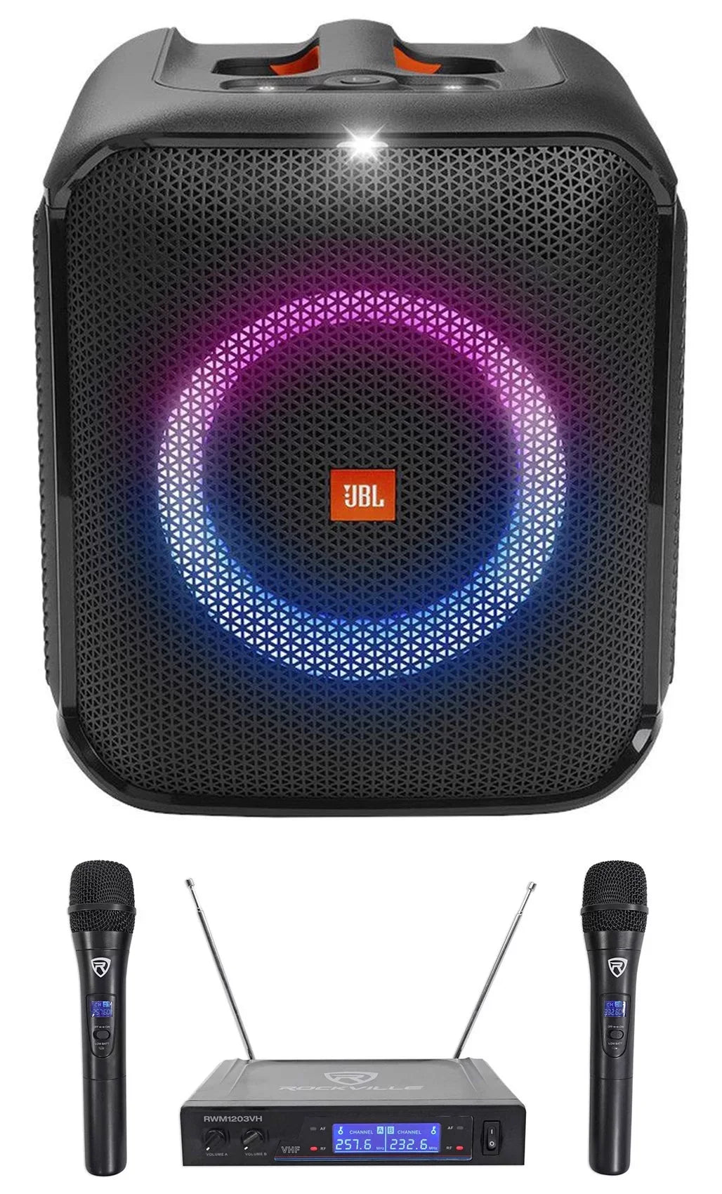 JBL Partybox Encore Essential Portable Compact Party Speaker w LED+Wireless Mics