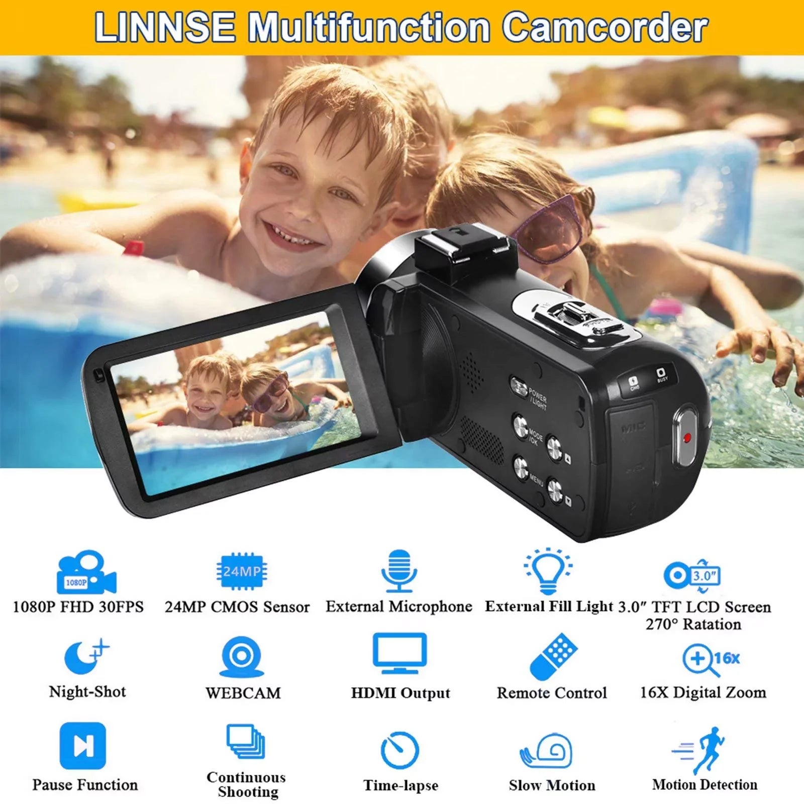 MARVUE Digital Video Camera Camcorder Full HD 2.7K 30FPS 30MP IR Night Vision Vlogging Camera Recorder Video Camera for Youtube
