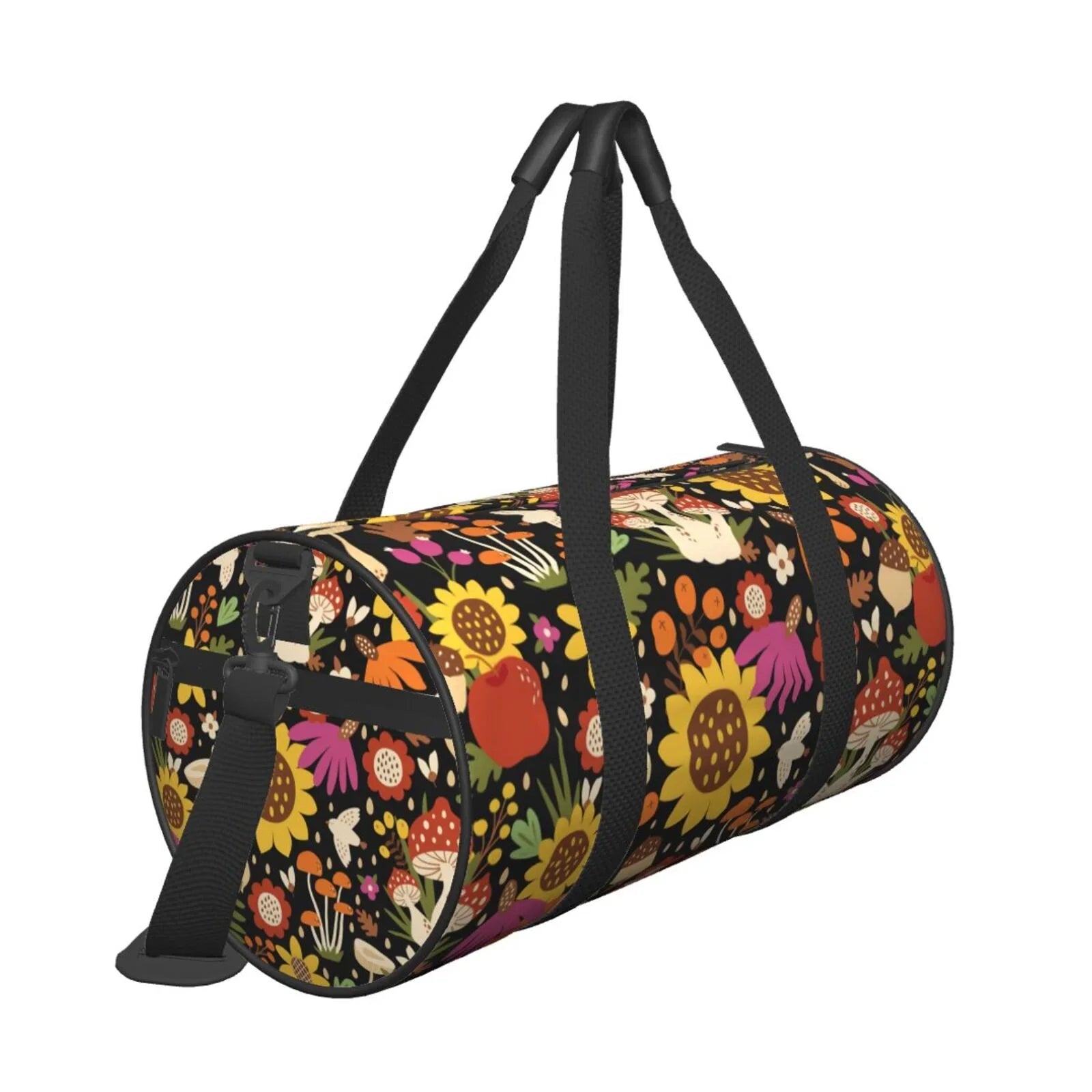 Coaee Sunflowers Mushrooms Large Capacity Travel Luggage Bag Cylinder Gym Bag Waterproof Sports Bag with Pocket and Compartment