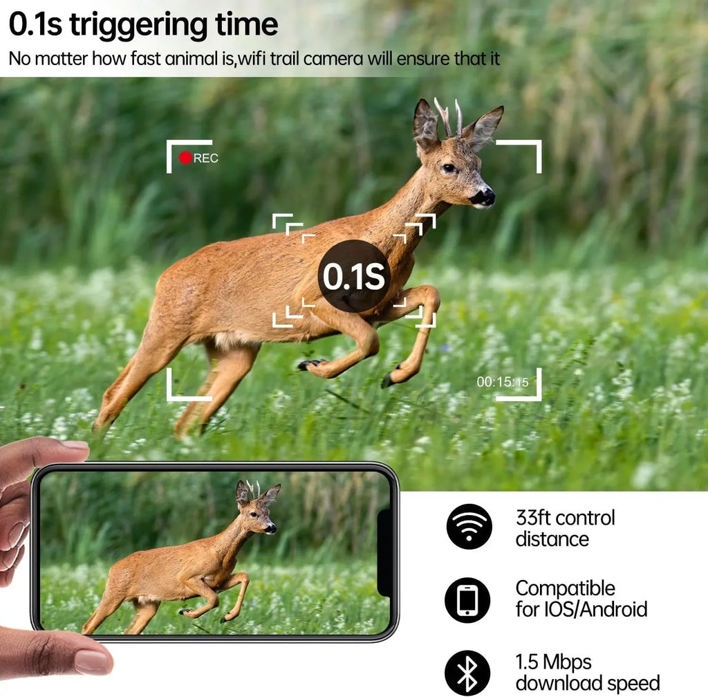 CAMPARK WiFi Trail Camera 30MP 1296P Bluetooth Hunting Game Camera with Infrared Night Vision Motion Activated Trail Camera with IP66 Waterproof for Wildlife Monitoring