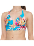 LA BLANCA Women's Blue Tropical Print Shirring Tie Sweetheart Molded Cup Halter Swimsuit Top 14