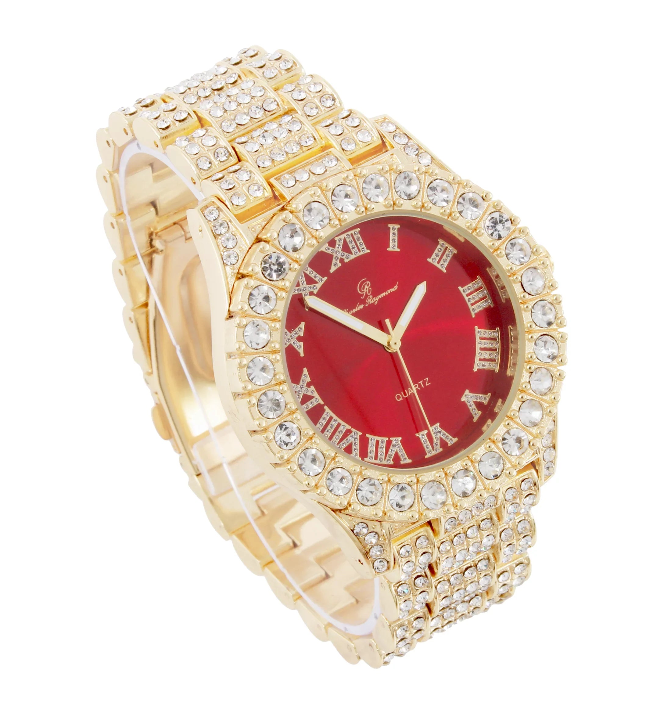 Charles Raymond Ice on Blast! Blinged Out Hip Hop Rolly Looks with Iced Out Wristwatch Trim and Band with Matching Zig Zag Bling'ed Out Necklace Sets - ZZ Necklace Sets - Gold - Red