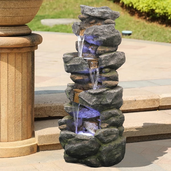 Fithood 40inches High Stacked Simulated Rock Water Fountain with LED Lights