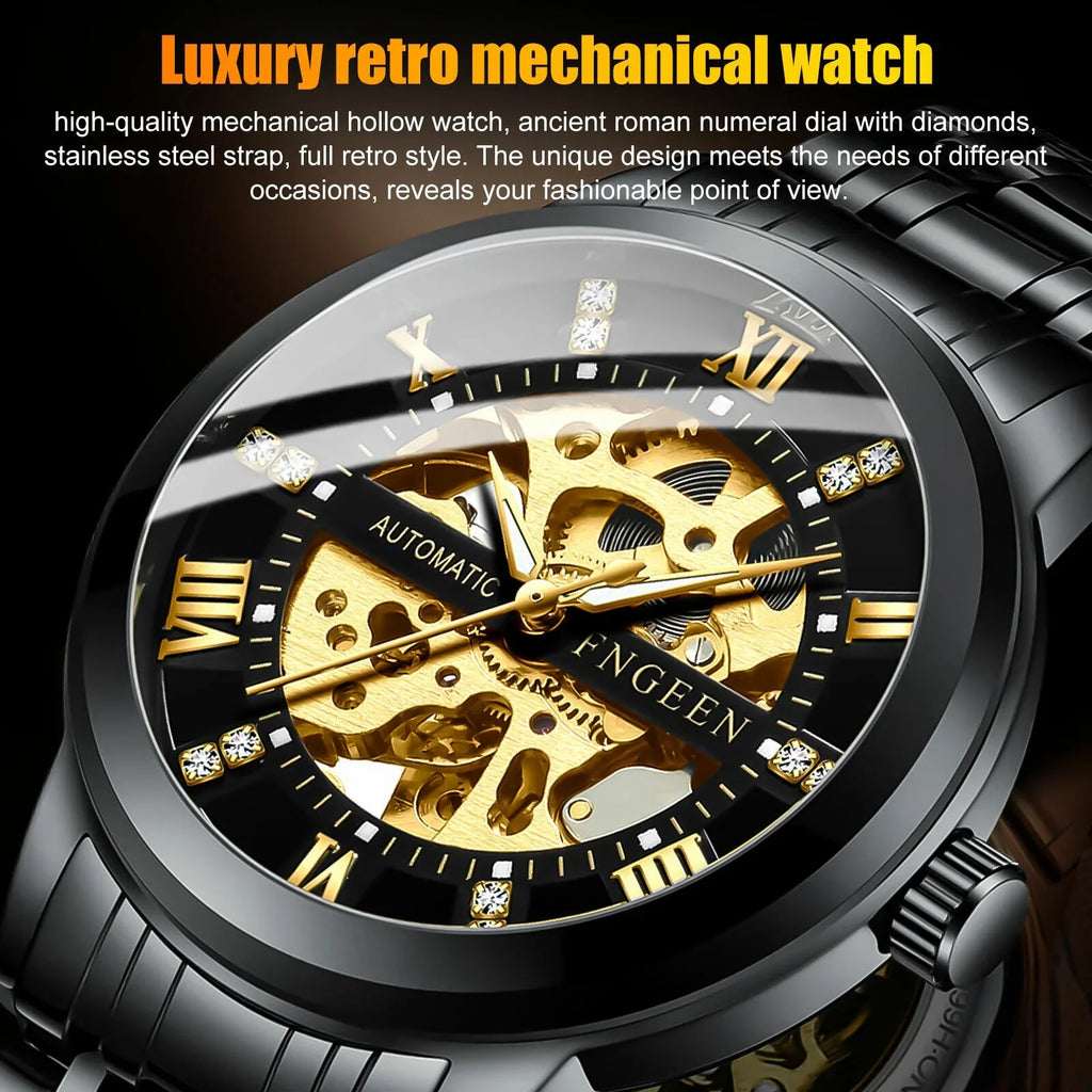 FNGEEN Men's Automatic Mechanical Stainless Steel Retro Luxury Hollow Dial Watch