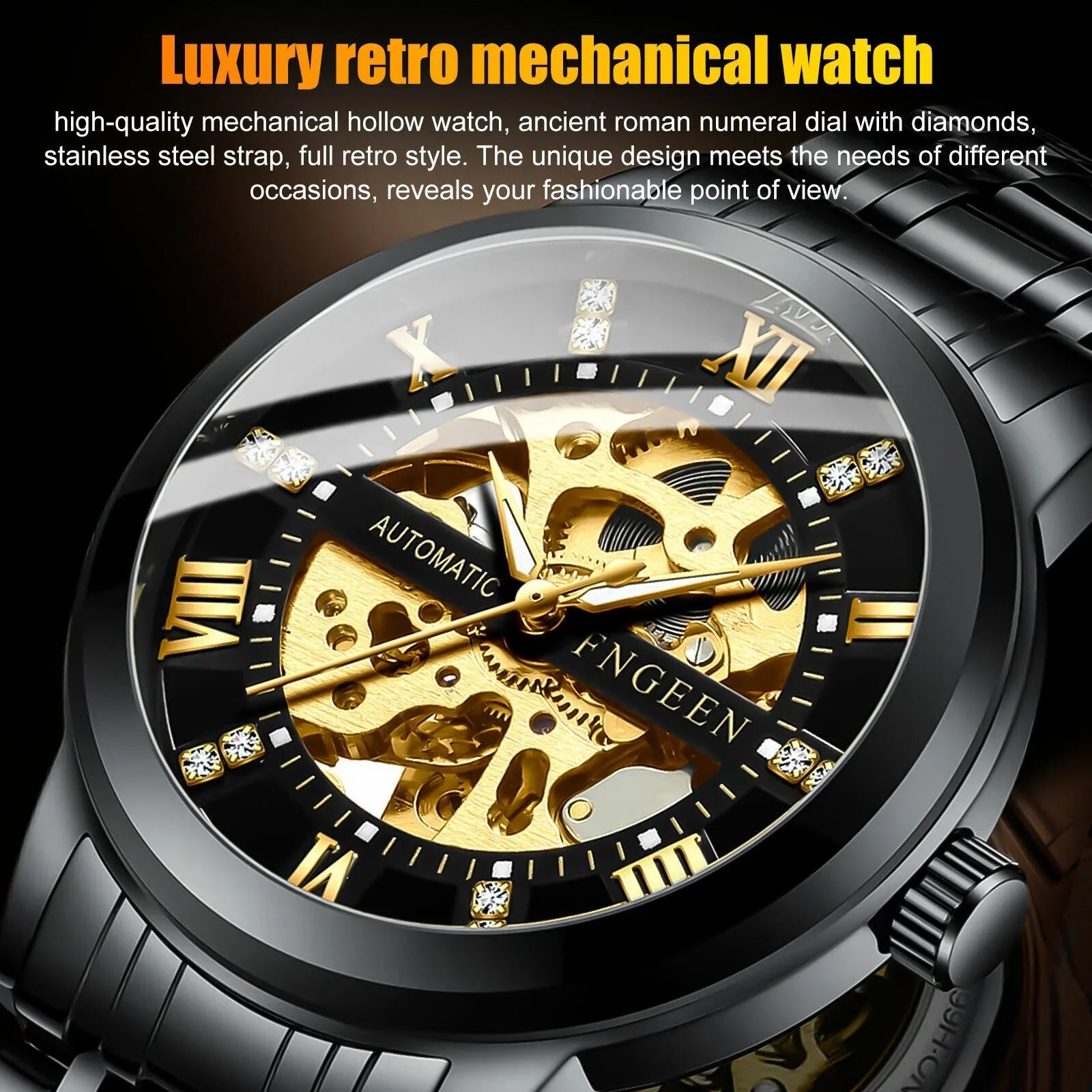 FNGEEN Men's Automatic Mechanical Stainless Steel Retro Luxury Hollow Dial Watch