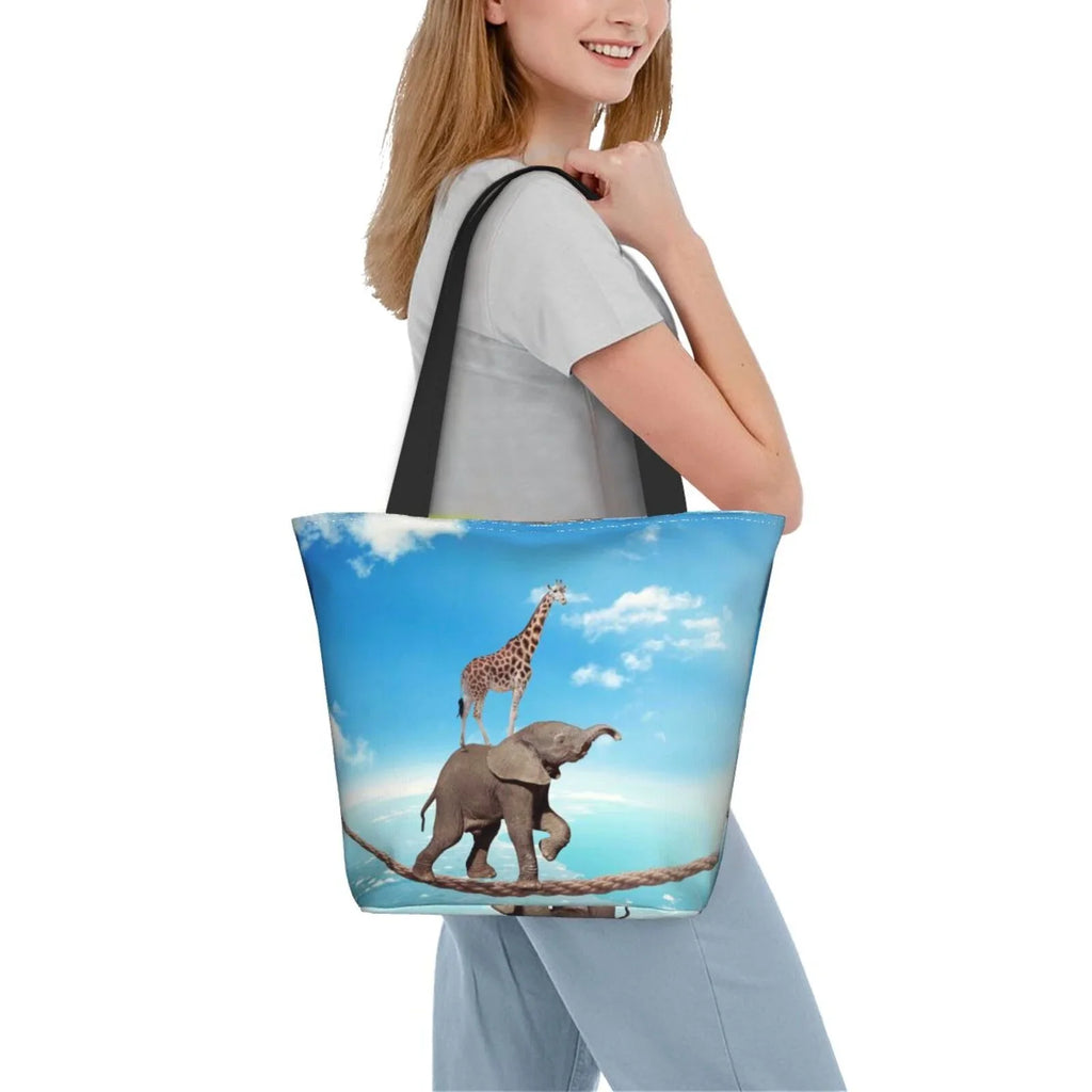 Lukts Elephant Giraffe Overcomes Fear By Walking On High Rope Tote Bag,Shoulder Bag Women'S Hobos Handbags Large Capacity Shopping Bag