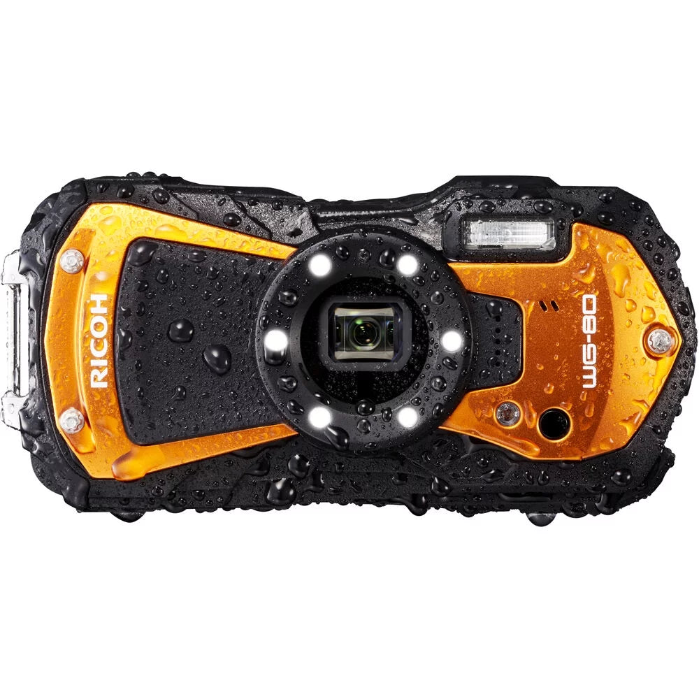 Ricoh WG-80 Waterproof Digital Camera (Orange) with 64GB Extreme Pro SD Card + Small Case + Selfie Stick + Memory Card Wallet + Memory Card Reader + 6Ave Cleaning Kit