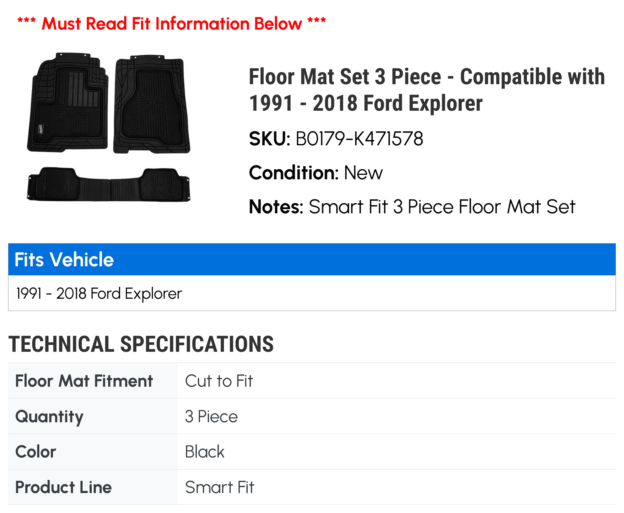 Floor Mat Set 3 Piece - Compatible with 1991 - 2018 Ford Explorer 1992 1993 1994 1995 1996 1997 1998 1999 2000 2001 2002 2003 2004 2005 2006 2007 2008 2009 2010 2011 2012 2013 2014 2015 2016 2017
