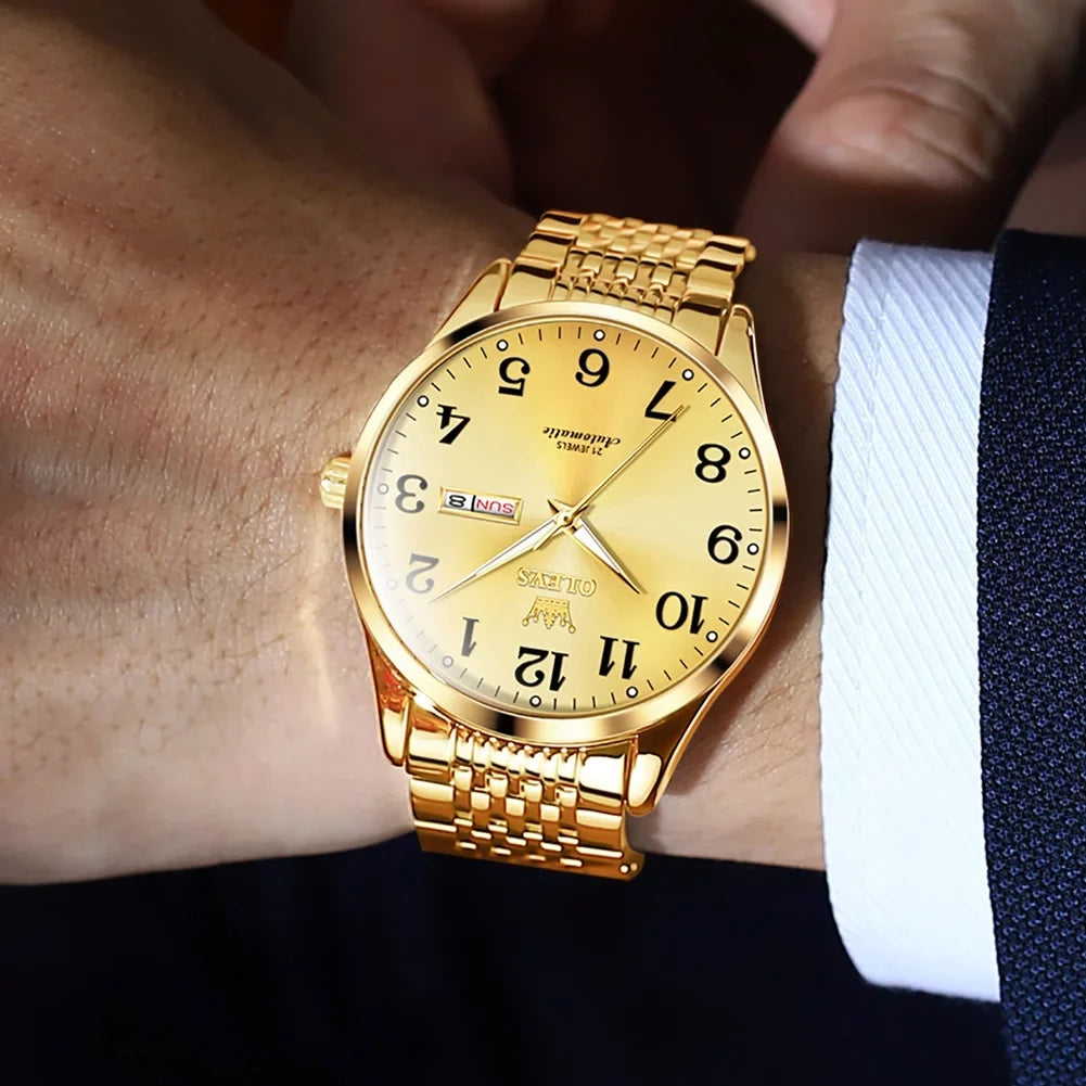 OLEVS Gold Watch for Men Self Winding Large Face Arabic Numerals Dial Easy Reader Waterproof Reloj Para Hombre, Gifts for Men, Male Adult Wristwatch