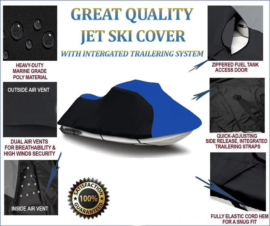 BLACK / BLUE HEAVY-DUTY, PWC 600D JET SKI Cover Compatible for Yamaha VXS 2015 2016
