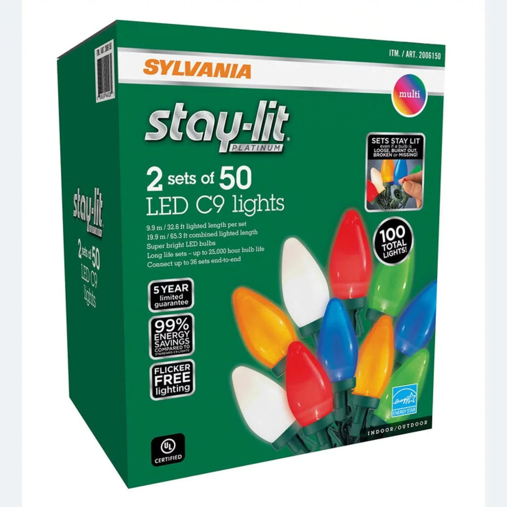 Sylvania Stay-lit Platinum LED C9 Lights 2 Sets of 50 - 9.9 m / 32.6 ft Length Each Indoor/Outdoor String Lights Christmas Lights.