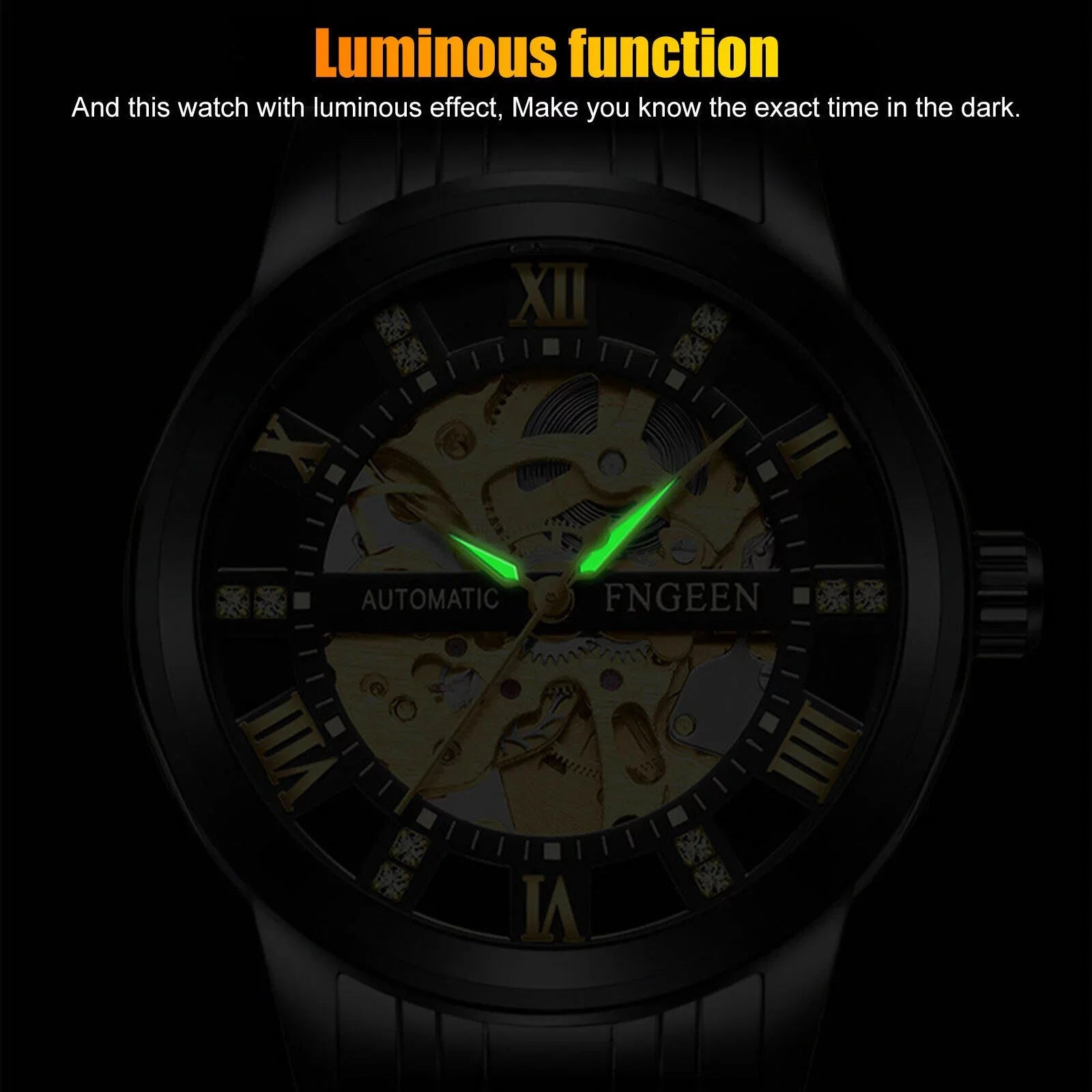FNGEEN Men's Automatic Mechanical Stainless Steel Retro Luxury Hollow Dial Watch