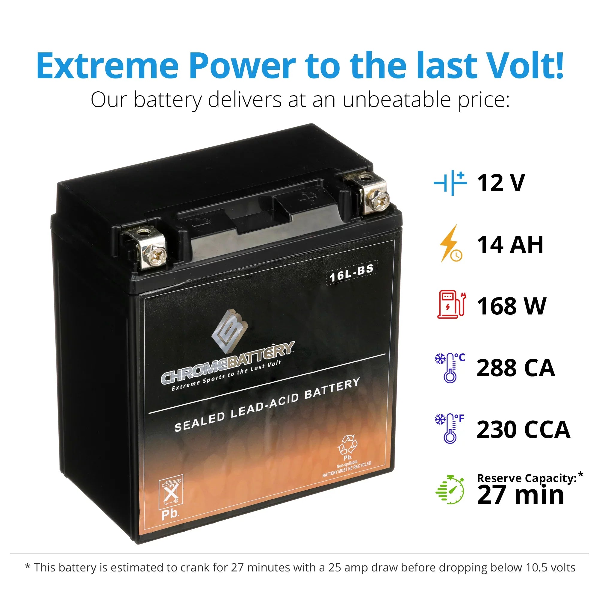 Chrome Battery YTX16L-BS (16L-BS 12 Volt,14 Ah, 230 CCA) Jet Ski Battery for Kawasaki 550cc Js550 Sx 1995
