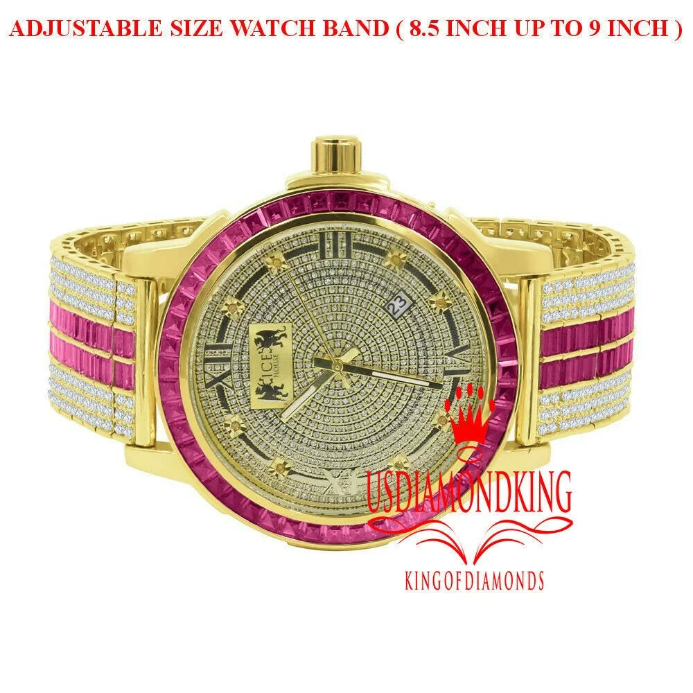 Pink Tourmaline Mens Real Diamond Dial Stainless Steel Custom Bezel Gold Tone Watch