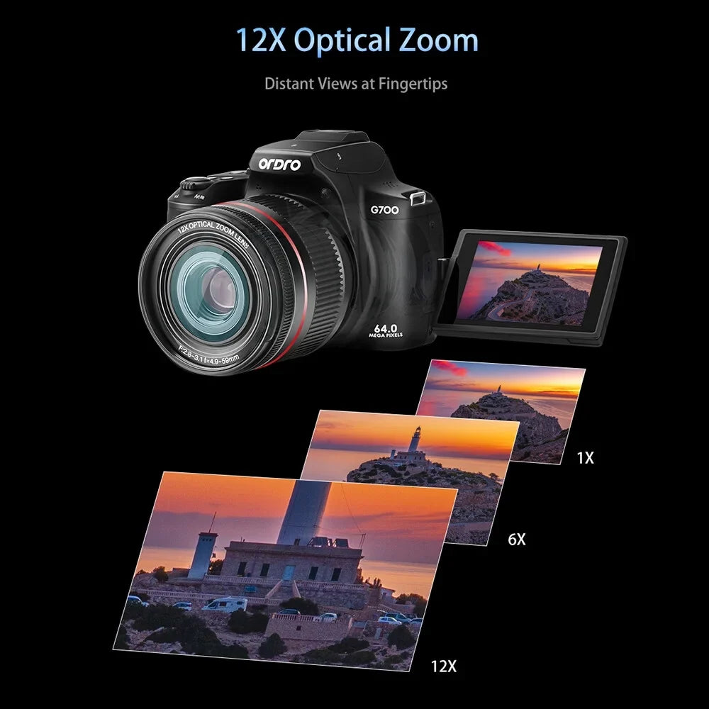 ORDRO G700 4K Digital Camera WiFi Digital Video Camera Camcorder 64MP 3.0 Inch IPS Screen 12X Optical Zoom Auto/Manual Focus Built-in Flash Battery Electronic Stabilization with Strap for Vlogging