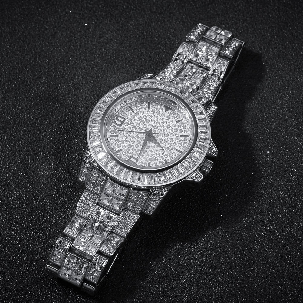 Fully Iced Out Simulated Diamond Bling Stainless Steel Hip Hop White Gold Finish Men Adjustable Size Band Custom Luxury Rapper Quartz Watch