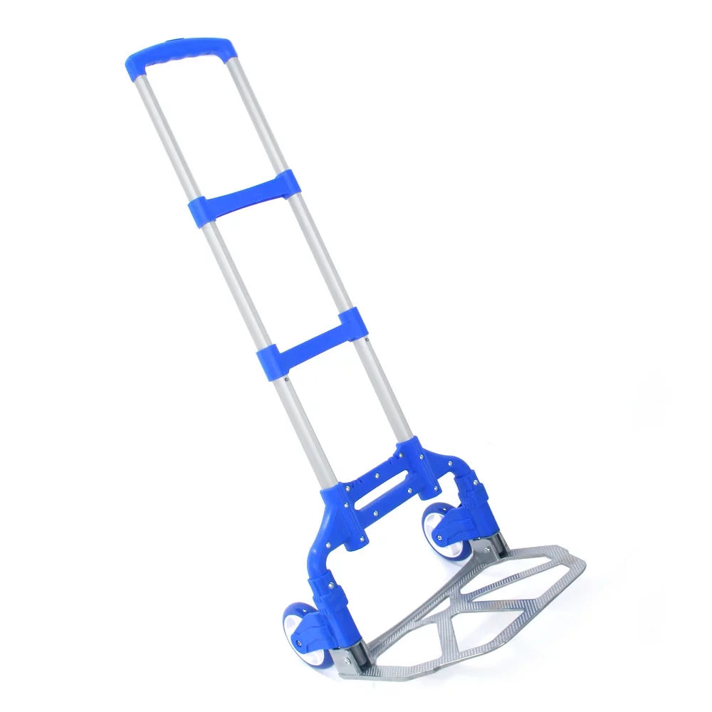 QEEK Folding Hand Truck and Dolly, Aluminum Hand Truck, 165 lb Capacity Heavy-Duty Luggage Trolley Cart with Telescoping Handle and Rubber Wheels, Portable Folding Hand Cart, Blue