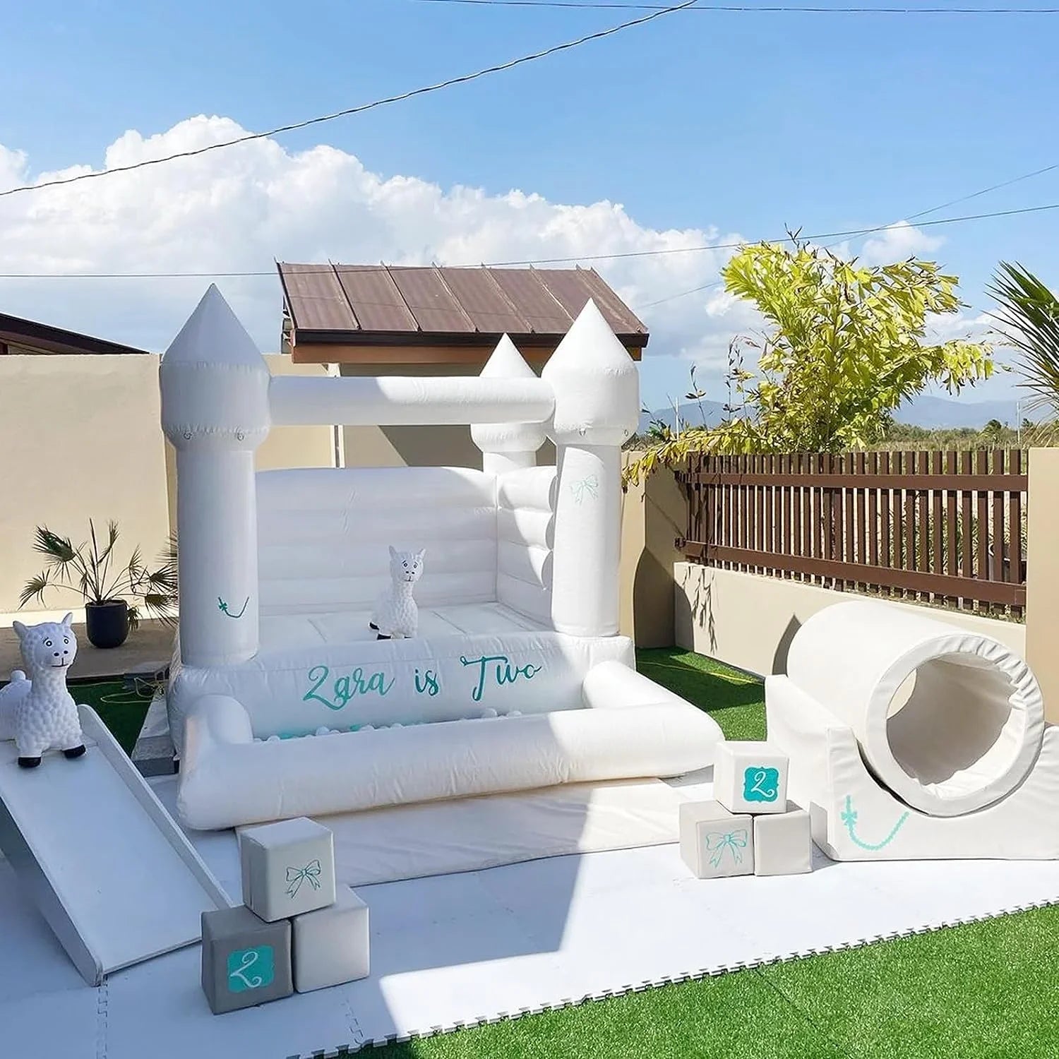 Connsann White Bounce House Commericial Grade PVC Jump Castle with Blower & Ball Pit for Kids Outdoor Indoor Party