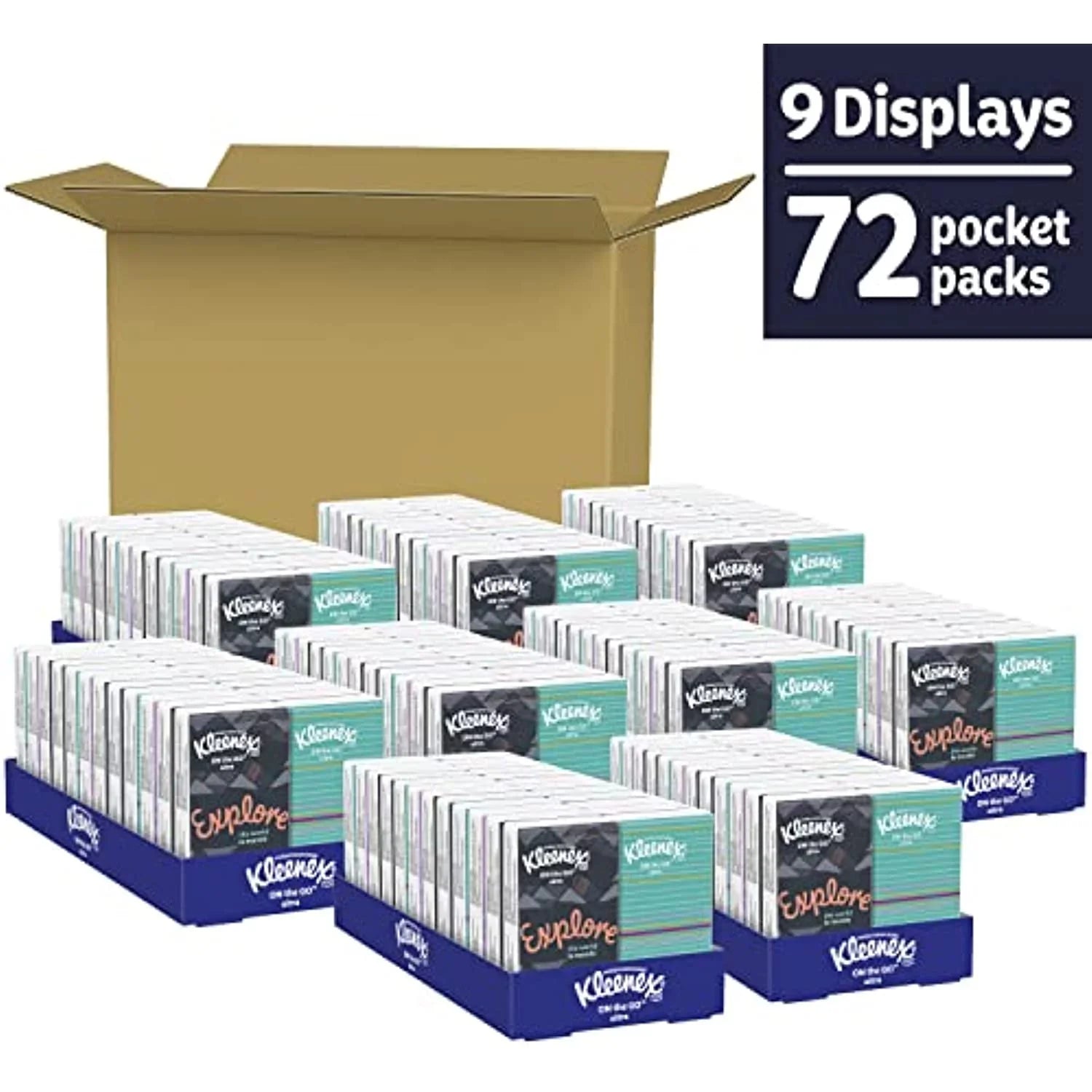 Kleenex On-The-Go Facial Tissues, Tissues Travel Size, 72 Packs (9 Displays Of 8 Packs), 10 Tissues Per Pack, 3-Ply (720 Total Tissues)