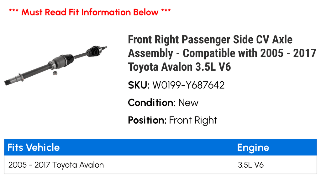Front Right Passenger Side CV Axle Assembly - Compatible with 2005 - 2017 Toyota Avalon 3.5L V6 2006 2007 2008 2009 2010 2011 2012 2013 2014 2015 2016