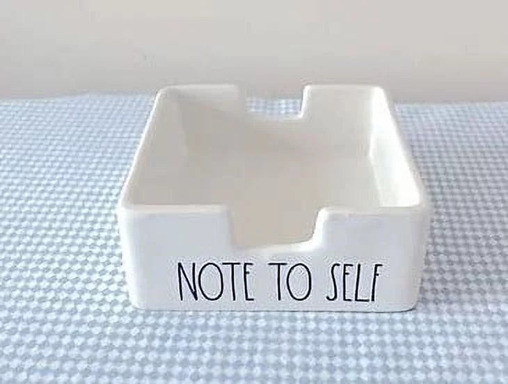Rae Dunn Ceramic NOTE TO SELF Sticky Note Holder all sides Ivory Black LL Letters 3.75 x 3.75 x 1.5 Home Office