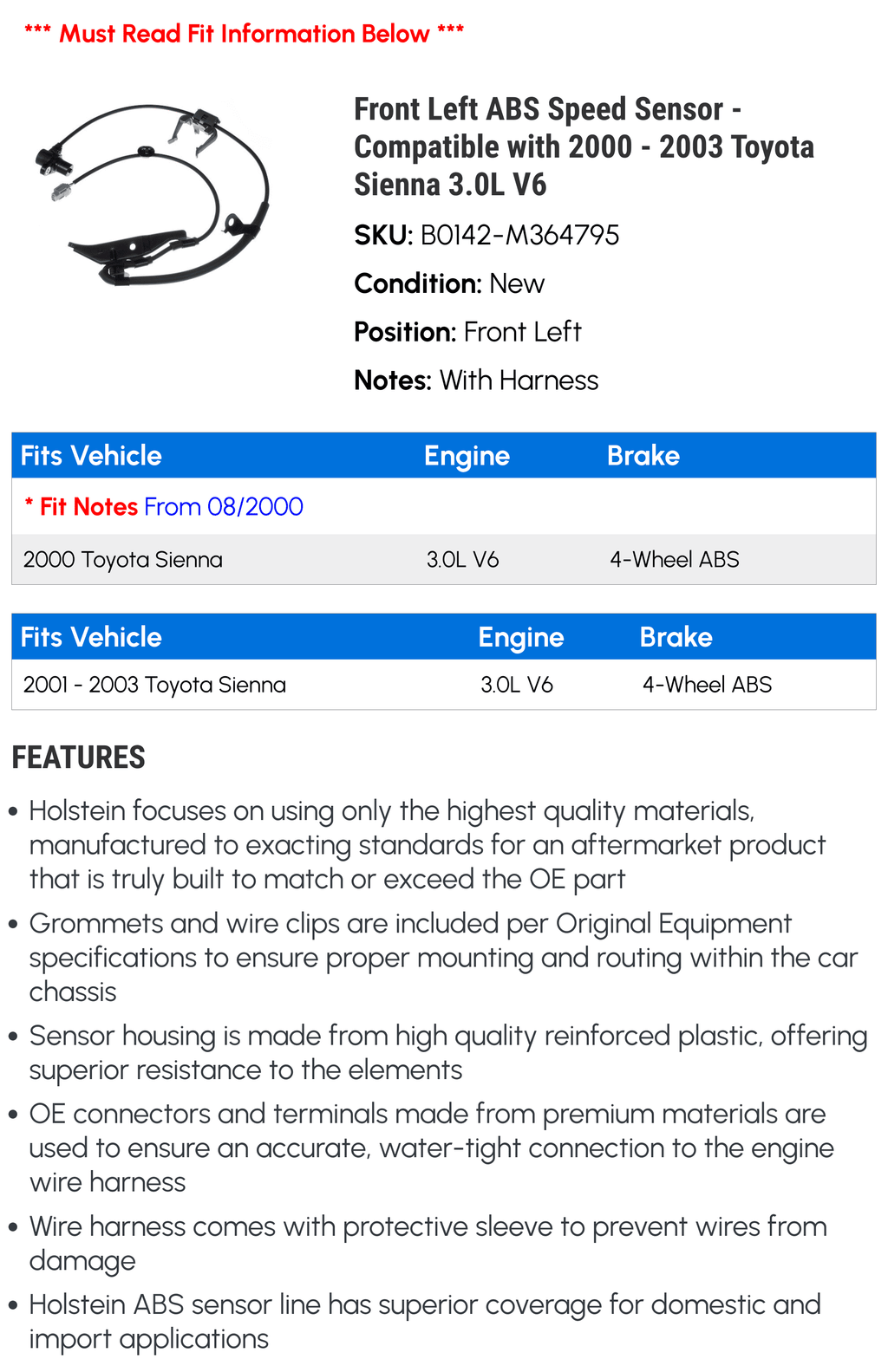 Front Left ABS Speed Sensor - Compatible with 2000 - 2003 Toyota Sienna 3.0L V6 2001 2002